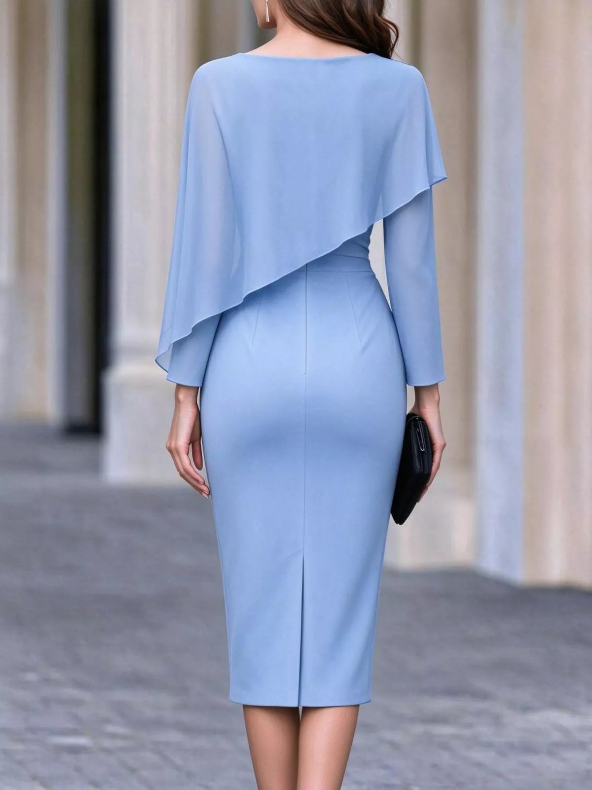 Light Blue cape-style bodycon midi dress, back view