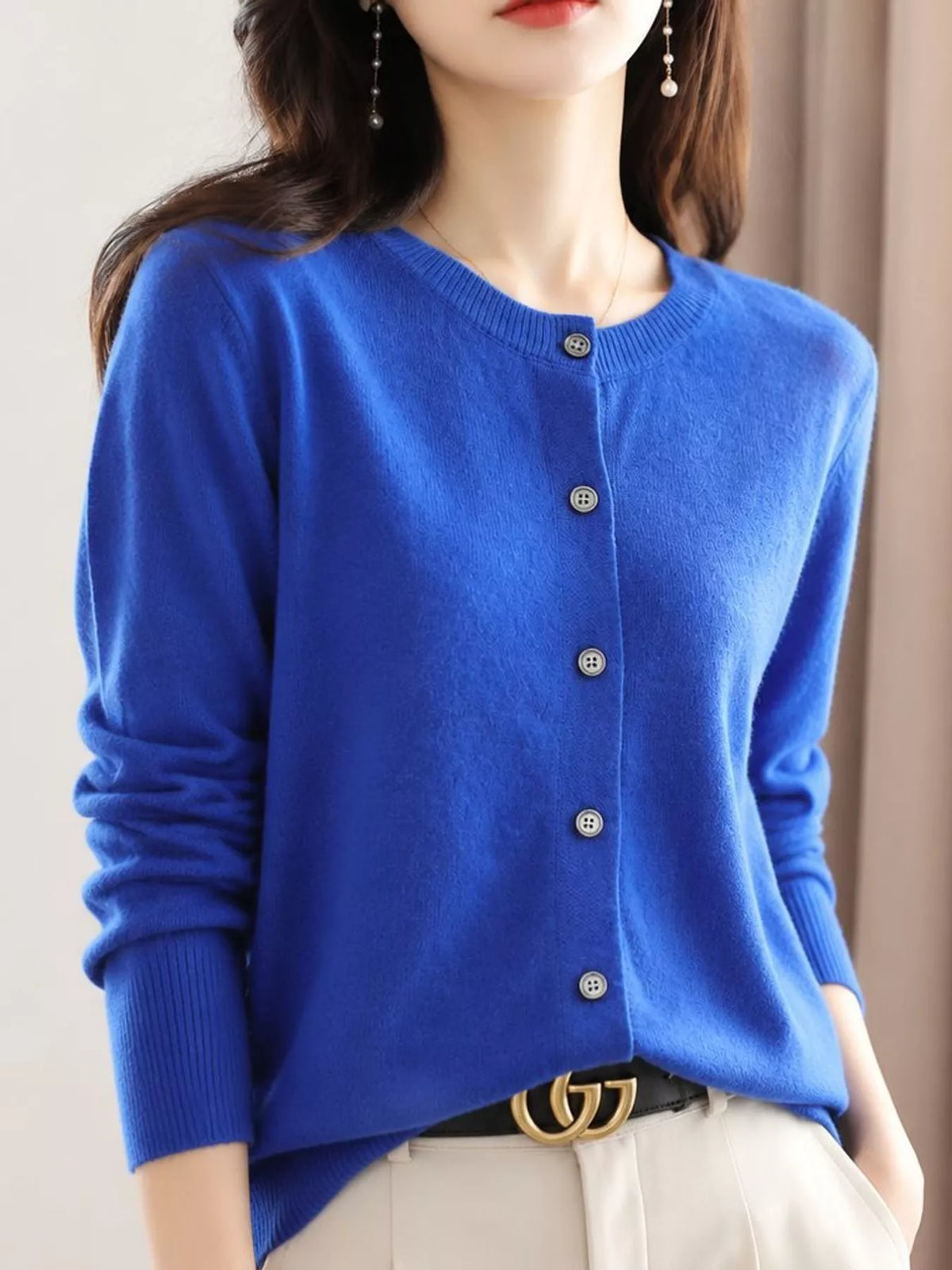 Royal blue crew neck button-front cardigan