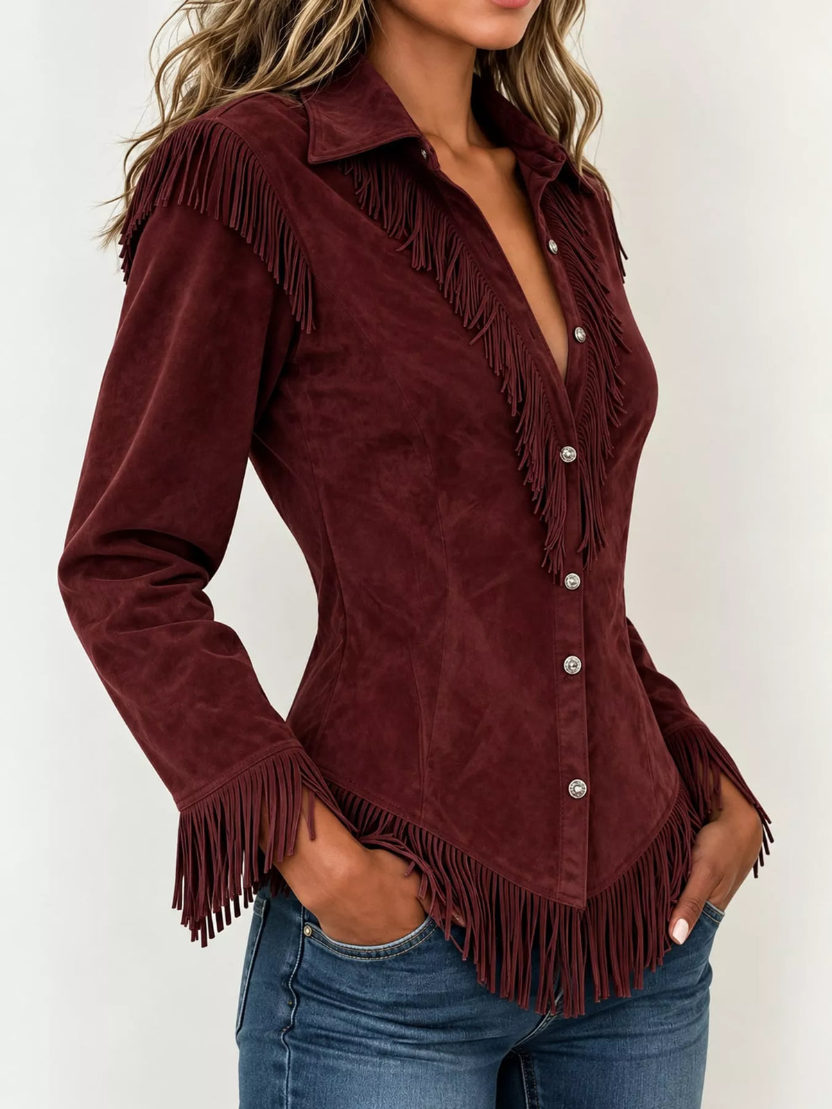 Fringe-detail shirt, burgundy side