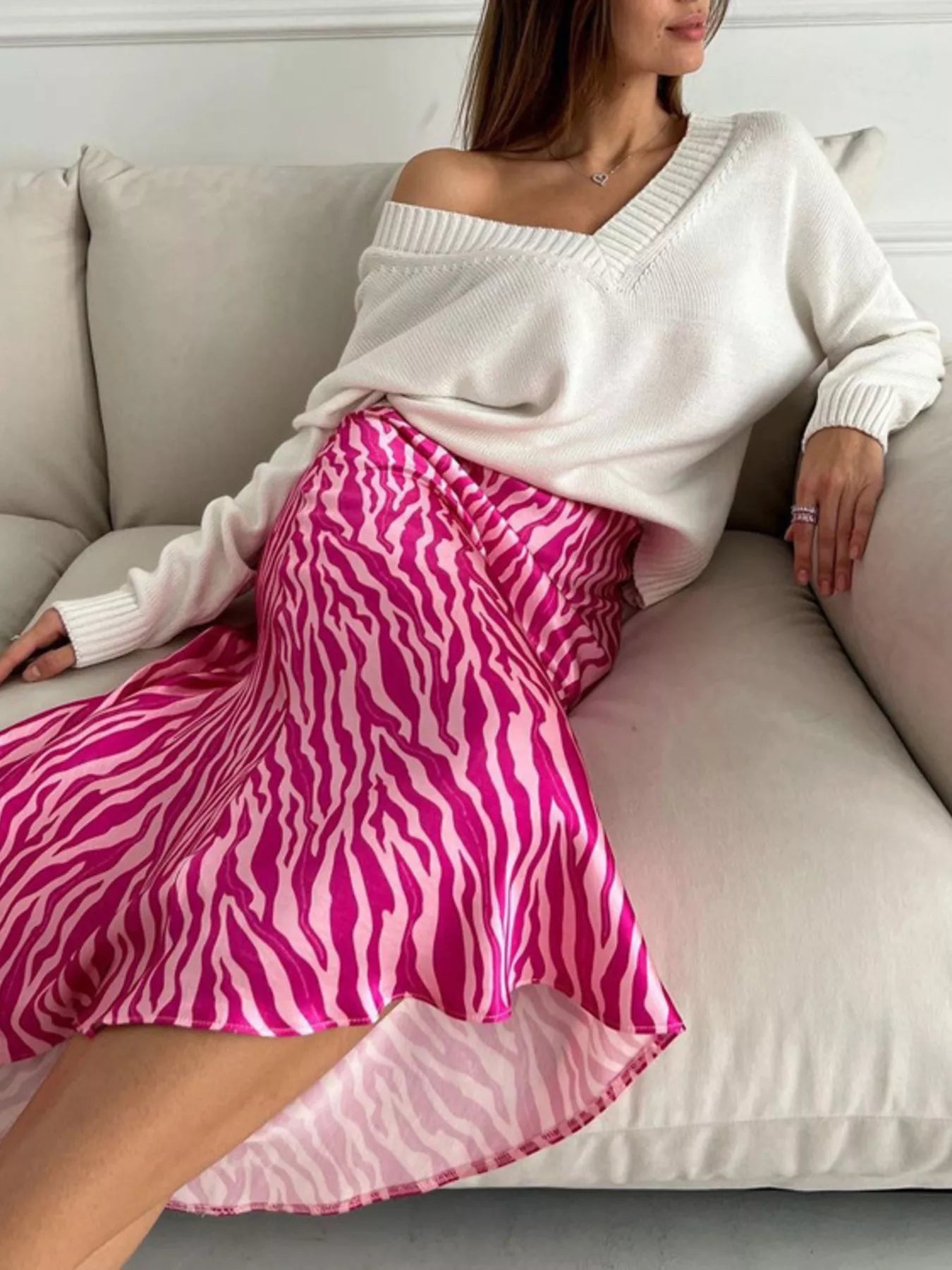 Trendsi Satin Zebra Print Midi Skirt -