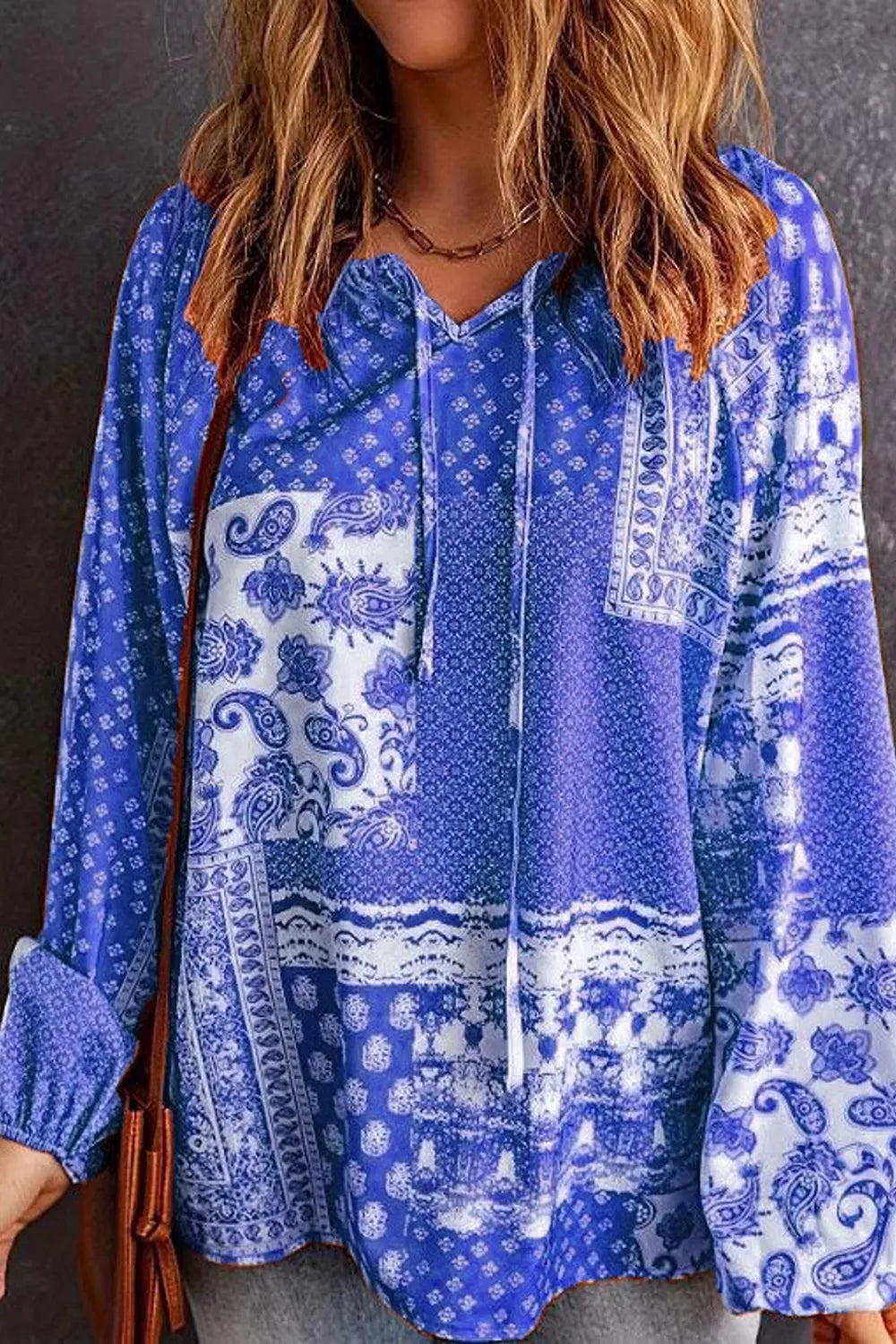 Trendsi Full Size Paisley Print Tie-Neck Long Sleeve Blouse Plus Size -