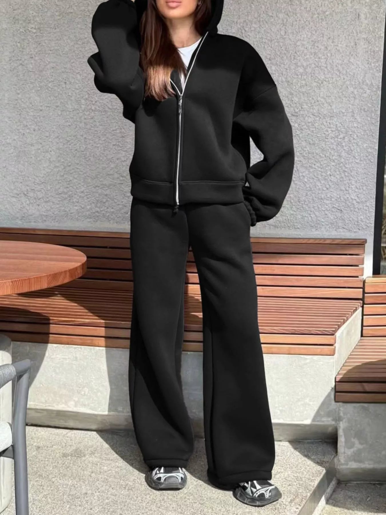 Trendsi Zip-Up Hoodie and Wide-Leg Sweatpants Set -