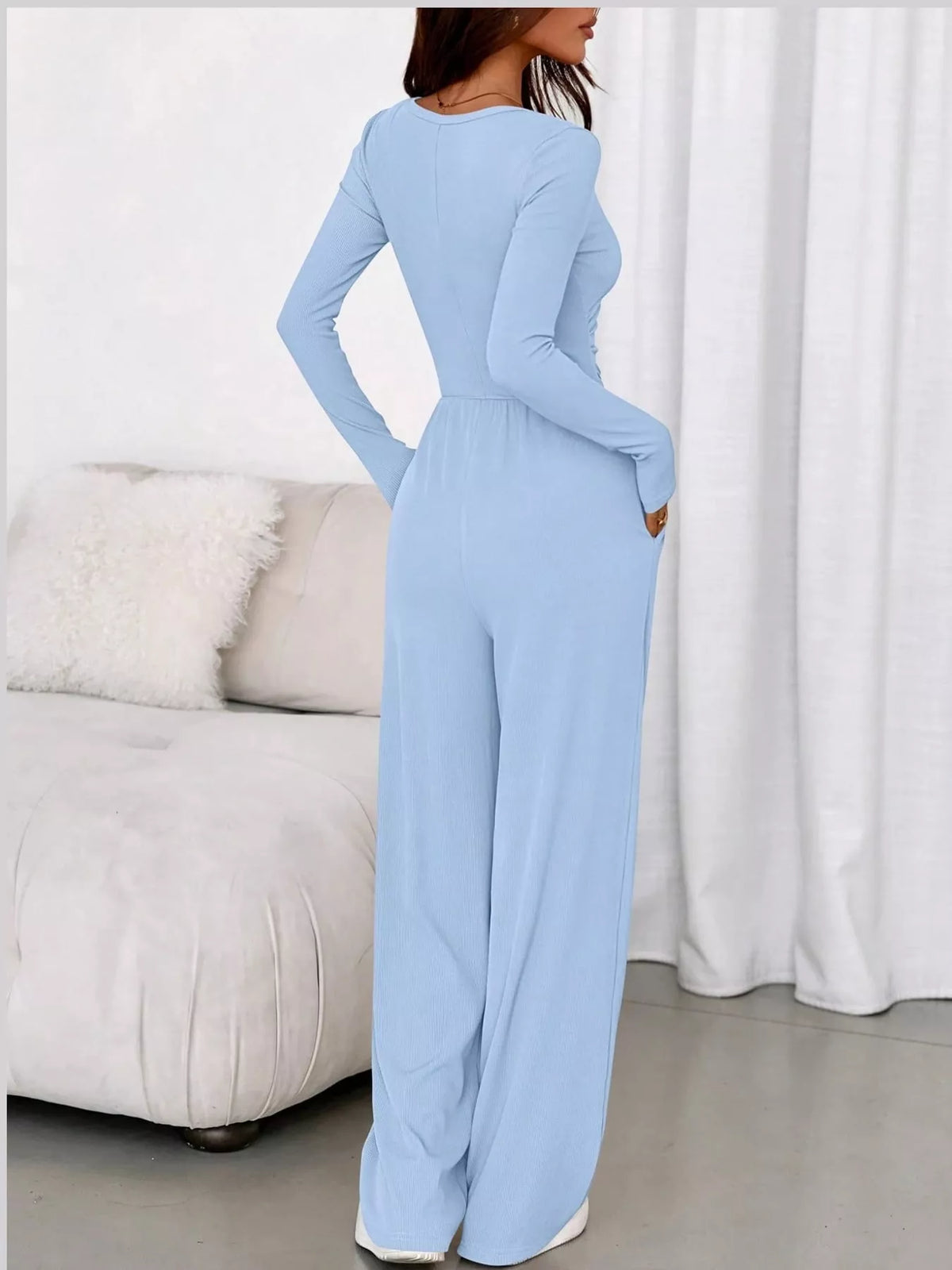 Long Sleeve Ribbed Knit Wide-Leg Jumpsuit — back view