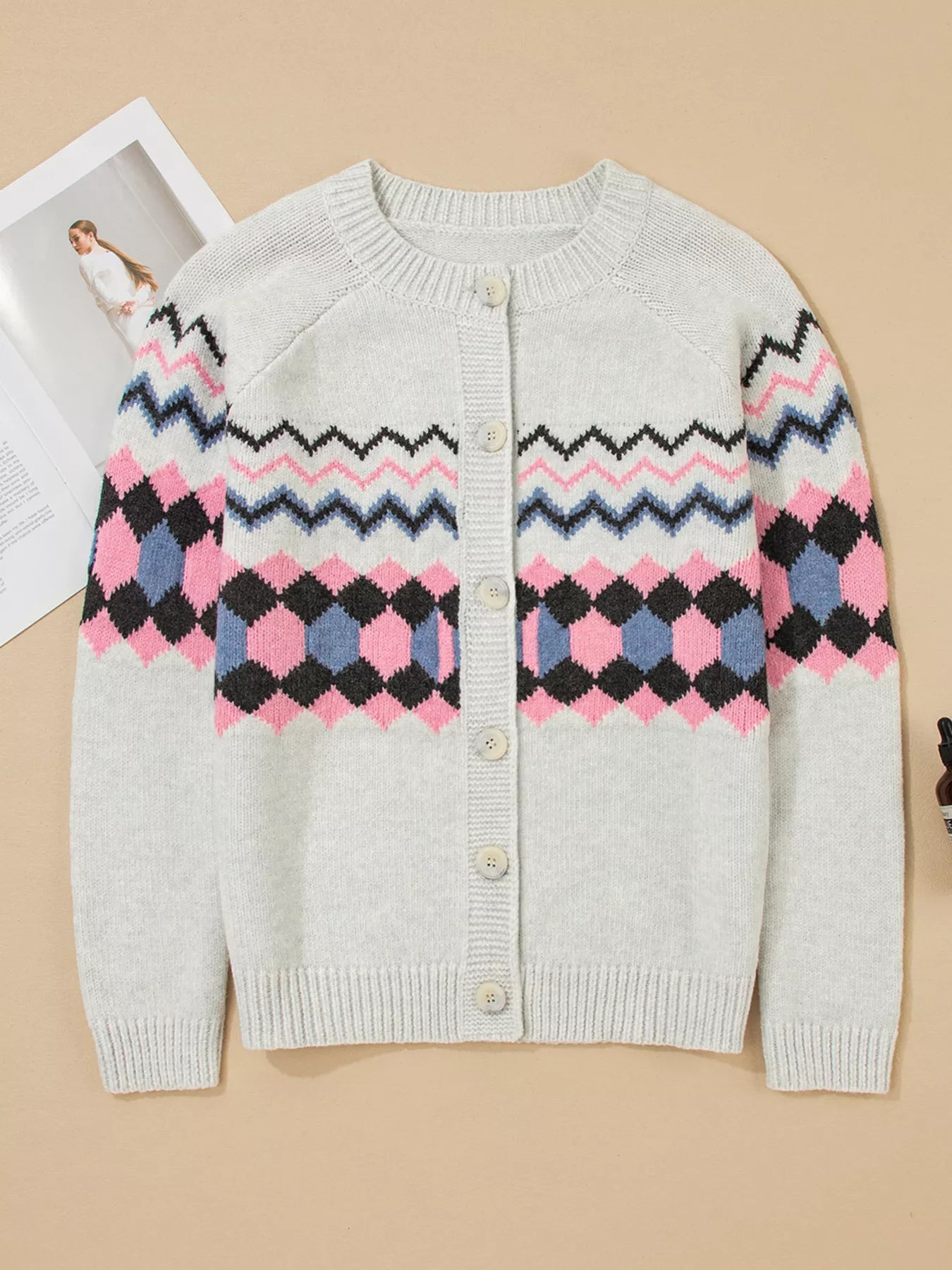 Trendsi Stripe Geometric Button Up Sweater Cardigan -