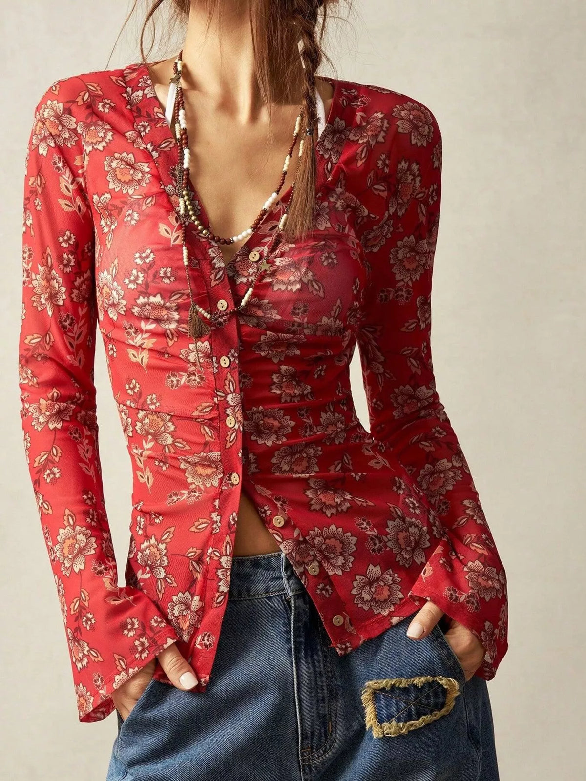 Women's Printed Flare Sleeve Button Down Top in Scarlet, front view