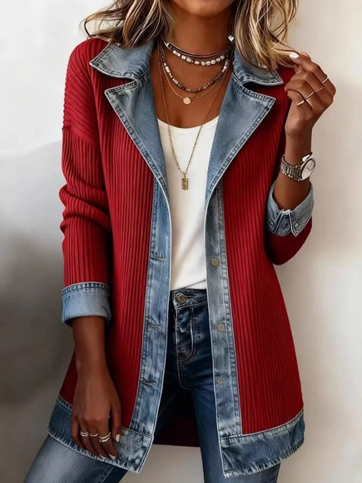 Red denim trim ribbed knit cardigan