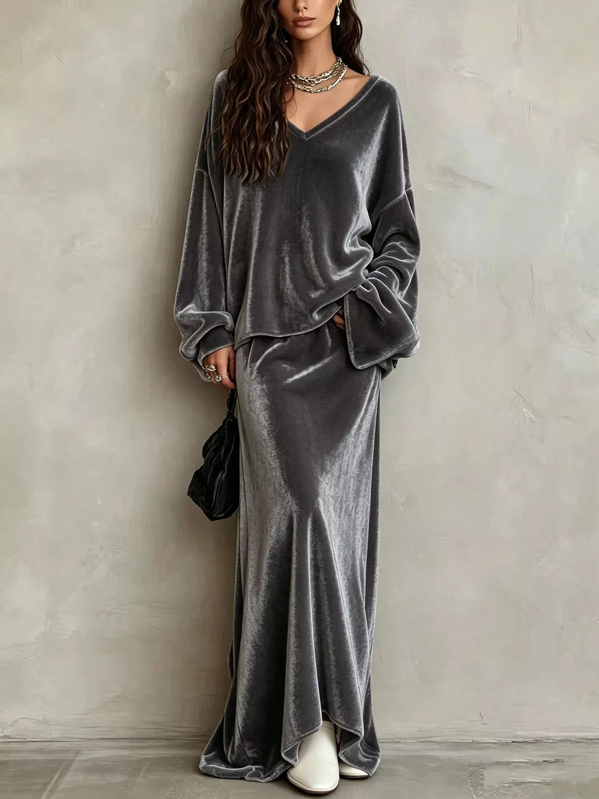 V-Neck Velvet Long Sleeve Top and Maxi Skirt Two-Piece Set in gray, skirt detail