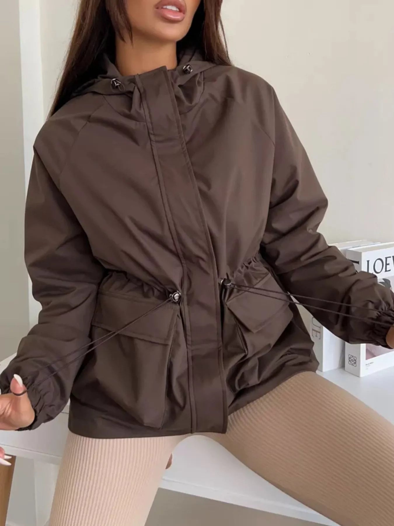 Trendsi Drawstring Waist Hooded Windbreaker Outerwear -