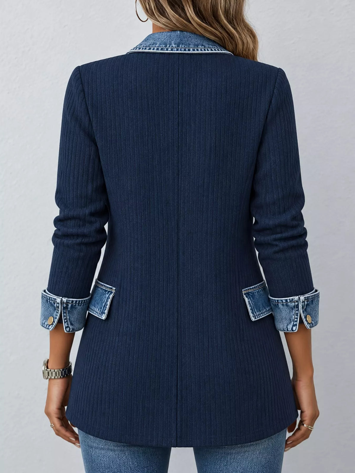 Navy denim trim ribbed knit cardigan, back view