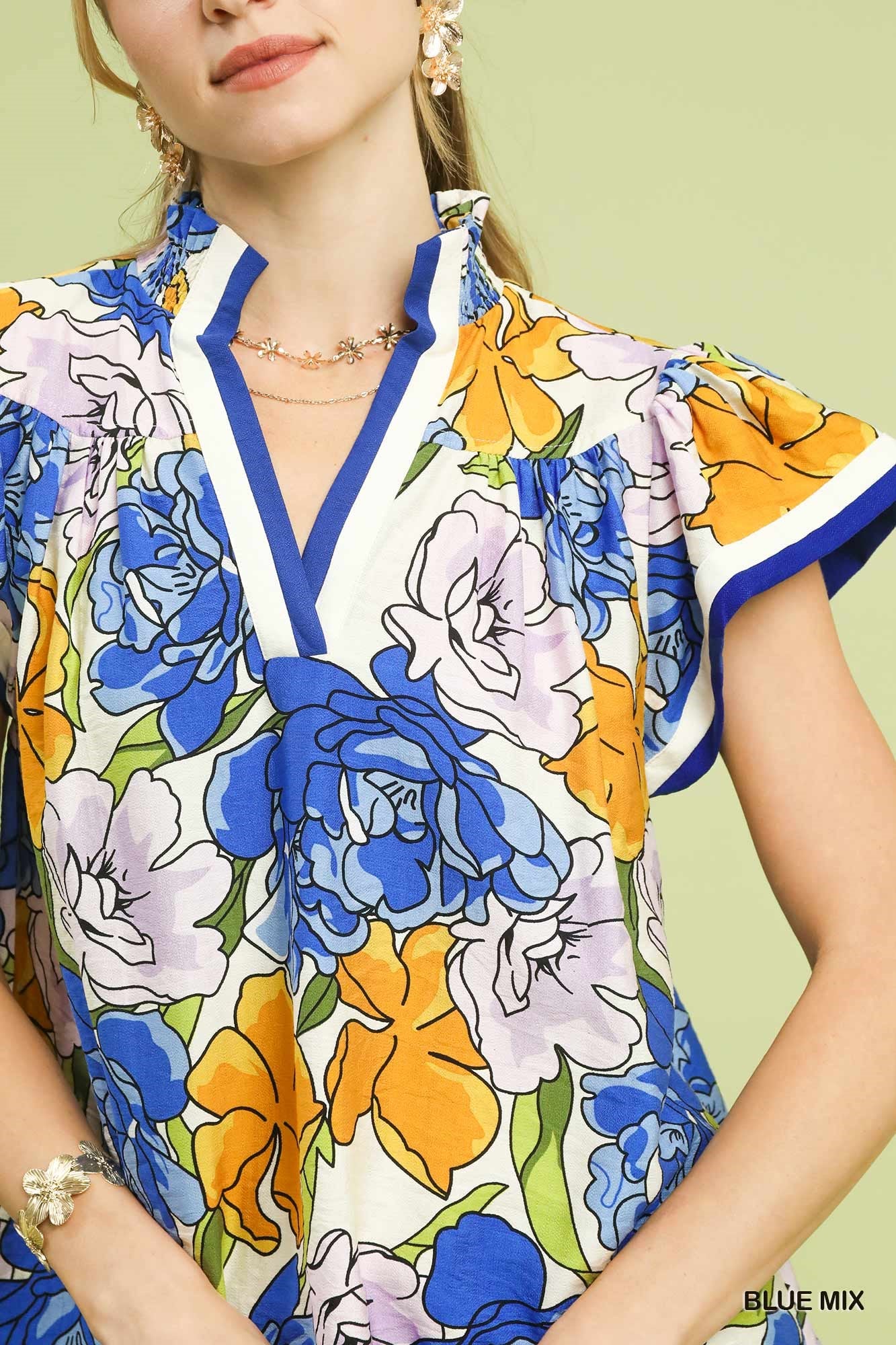 Women's Floral Print Rayon Blouse With Contrast Trim — product view 4