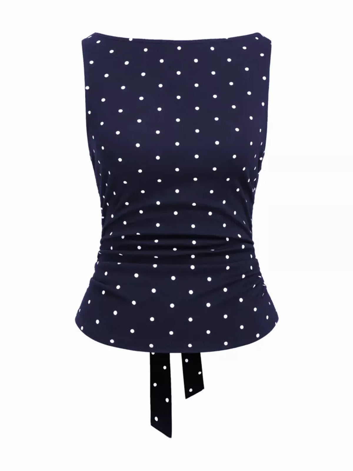 Polka Dot Print Sleeveless Tank Top with Tie Back, back view in navy blue and white