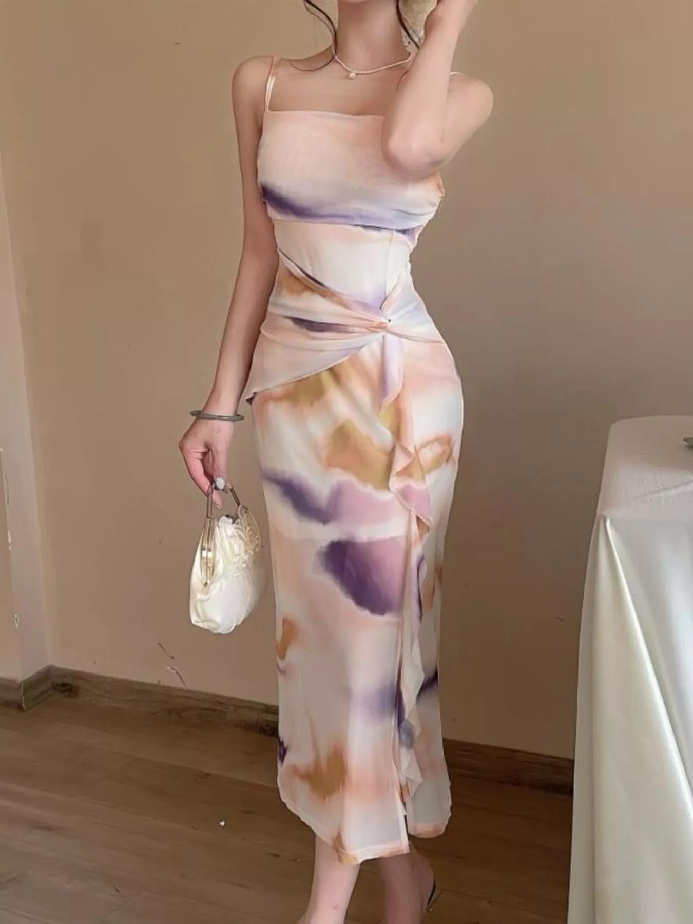 Trendsi Abstract Watercolor Print Ruched Midi Dress -