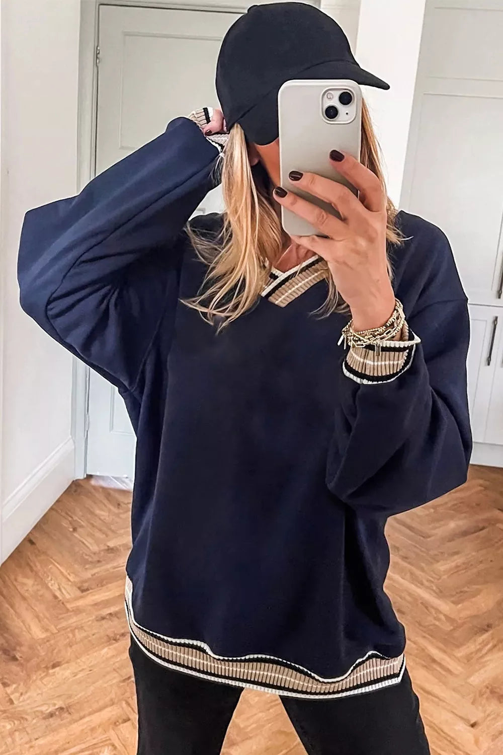 Trendsi Contrast Striped Trim V Neck Sweatshirt -