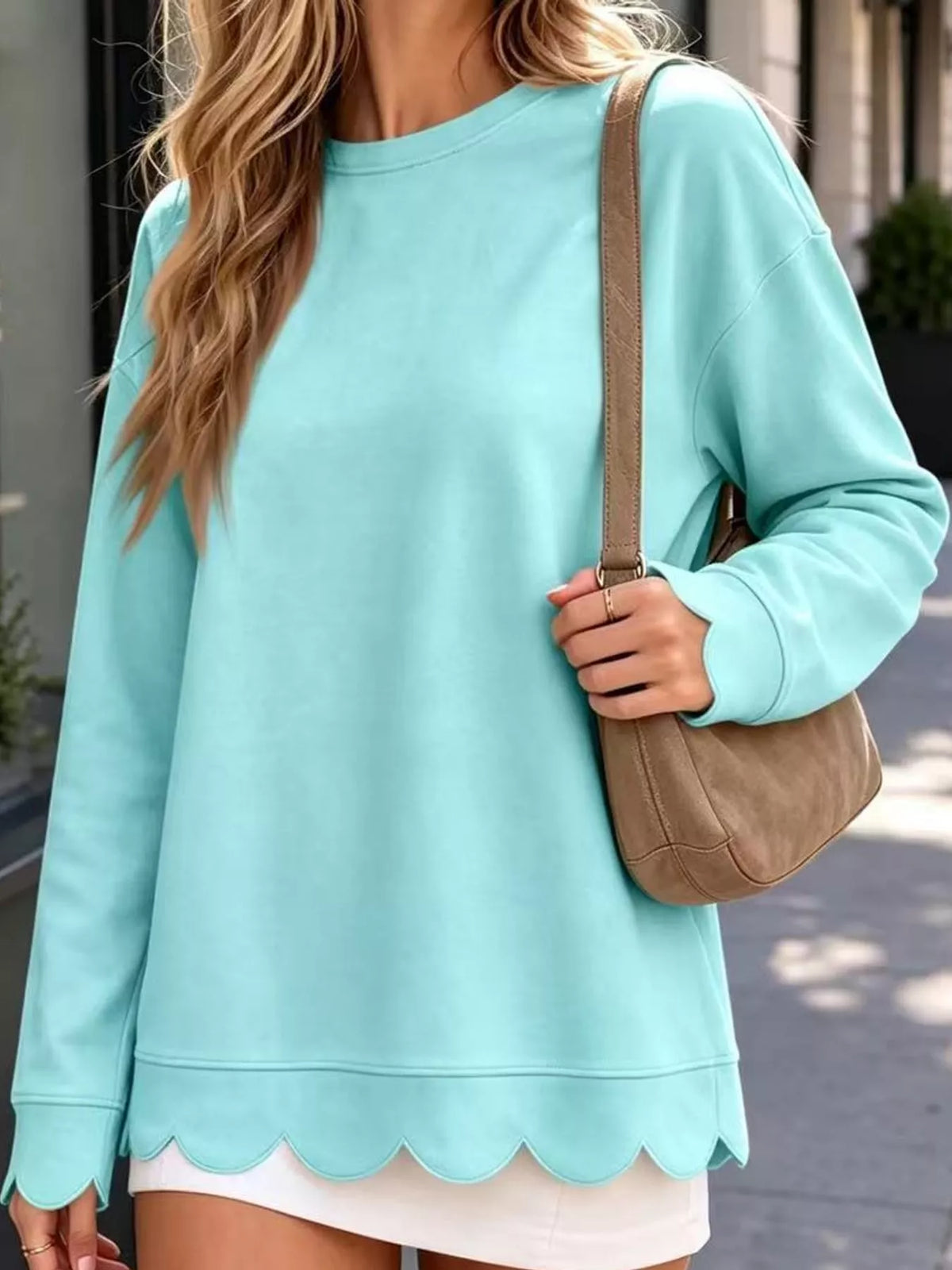 Mint Blue-Green scalloped hem crewneck sweatshirt