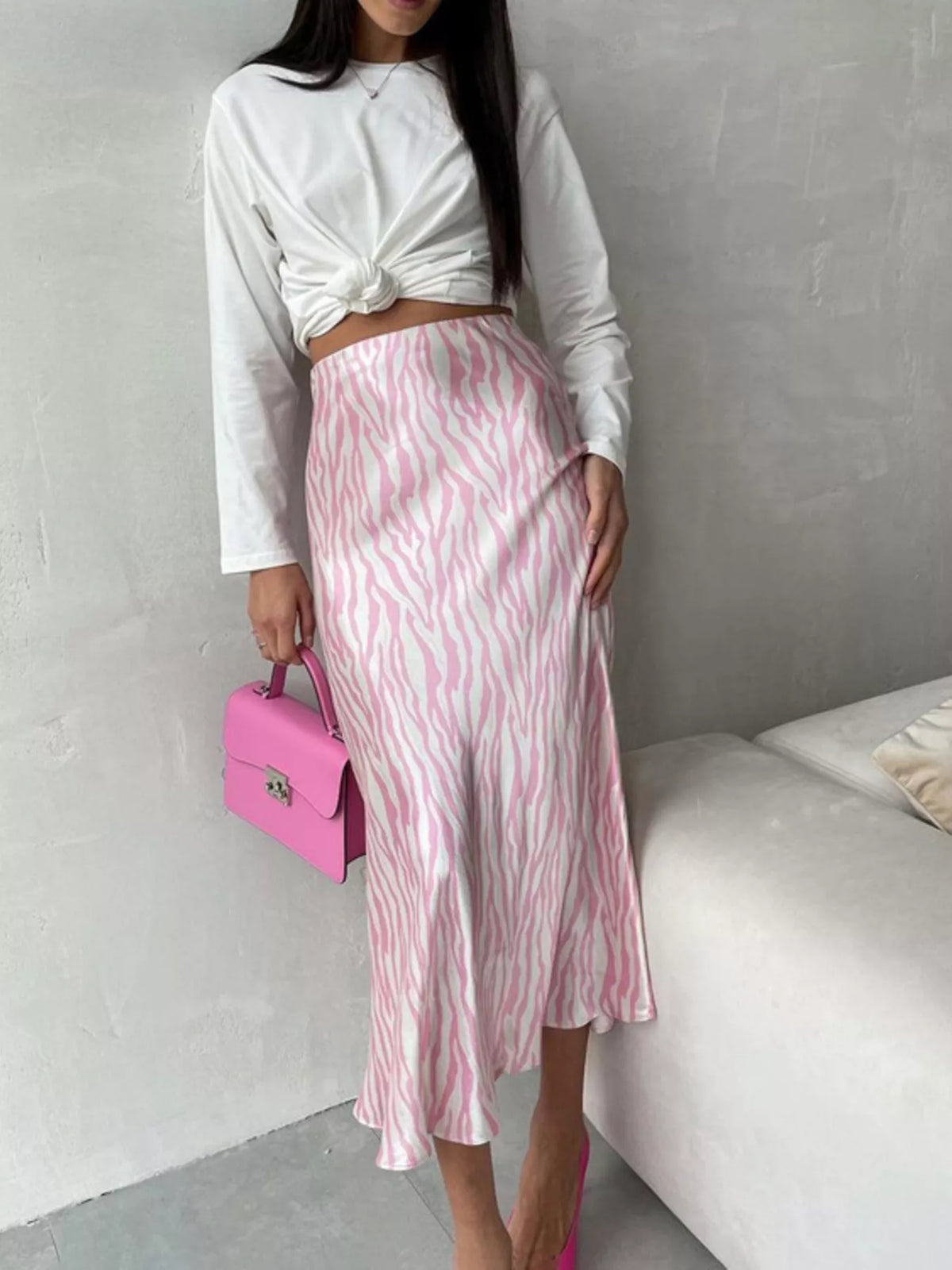 Trendsi Satin Zebra Print Midi Skirt -
