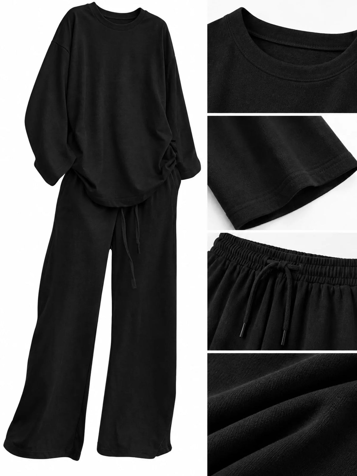 Women's Round Neck Top and Drawstring Wide-Leg Pants Set in black — detail collage view