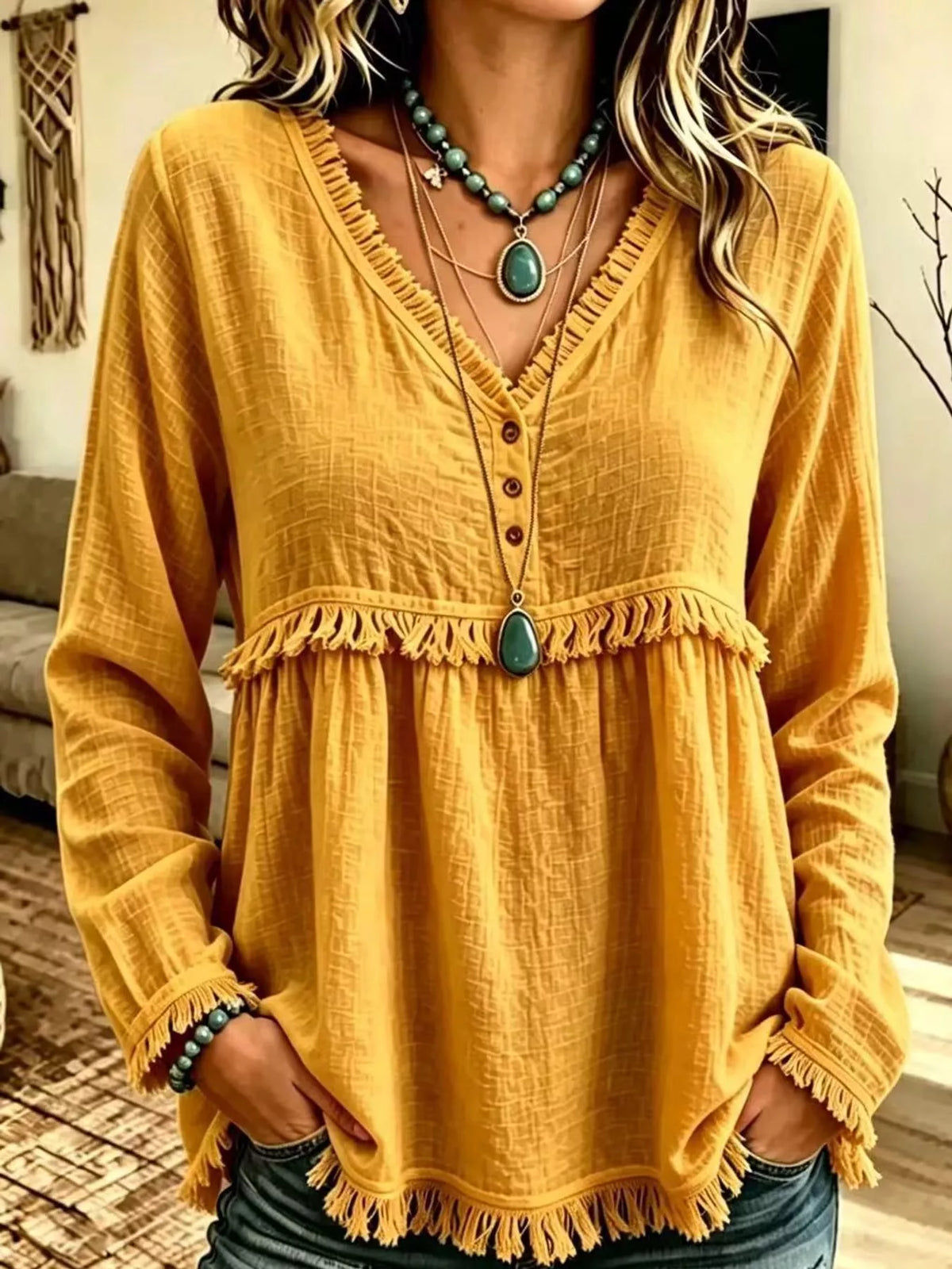 Fringe-trim blouse, mustard front button detail