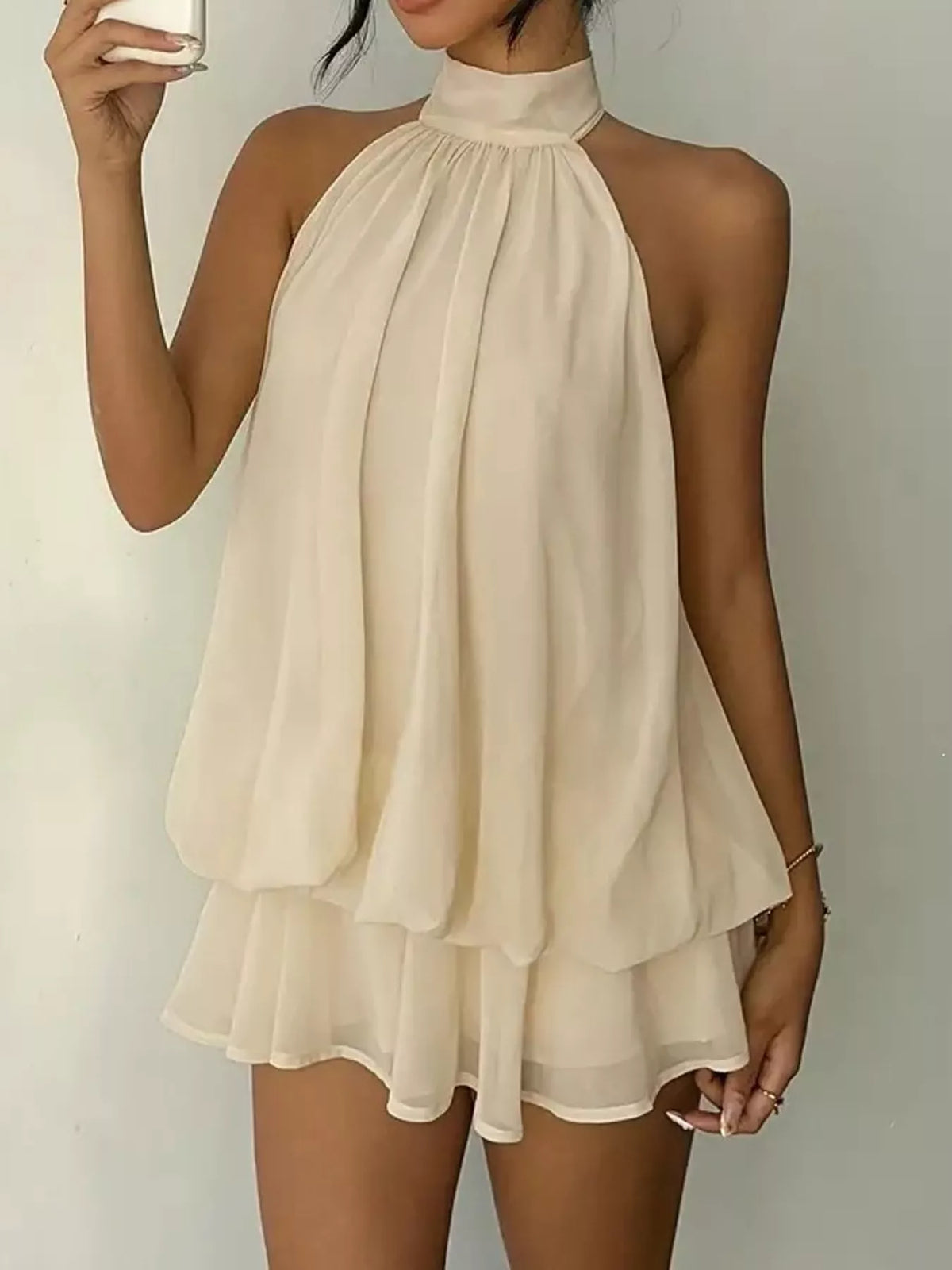 Cream halter neck chiffon mini dress