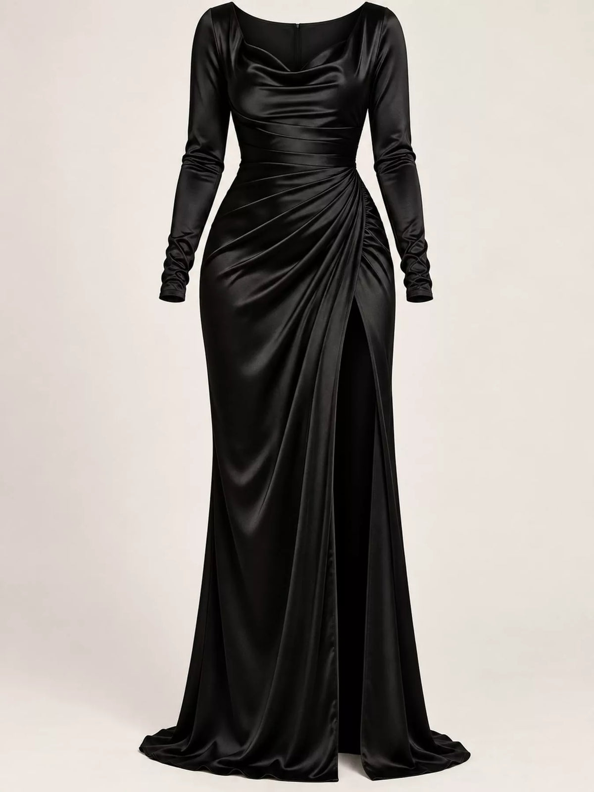 Black satin cowl neck high slit maxi dress, front view