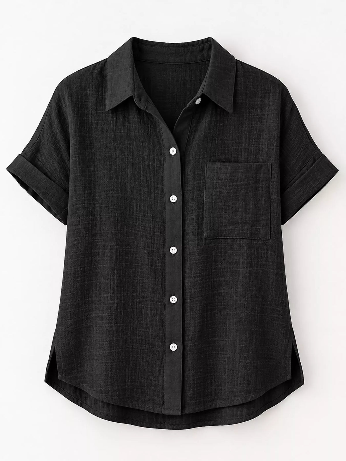 Women's Button Up Short Sleeve Shirt in black — flat lay view