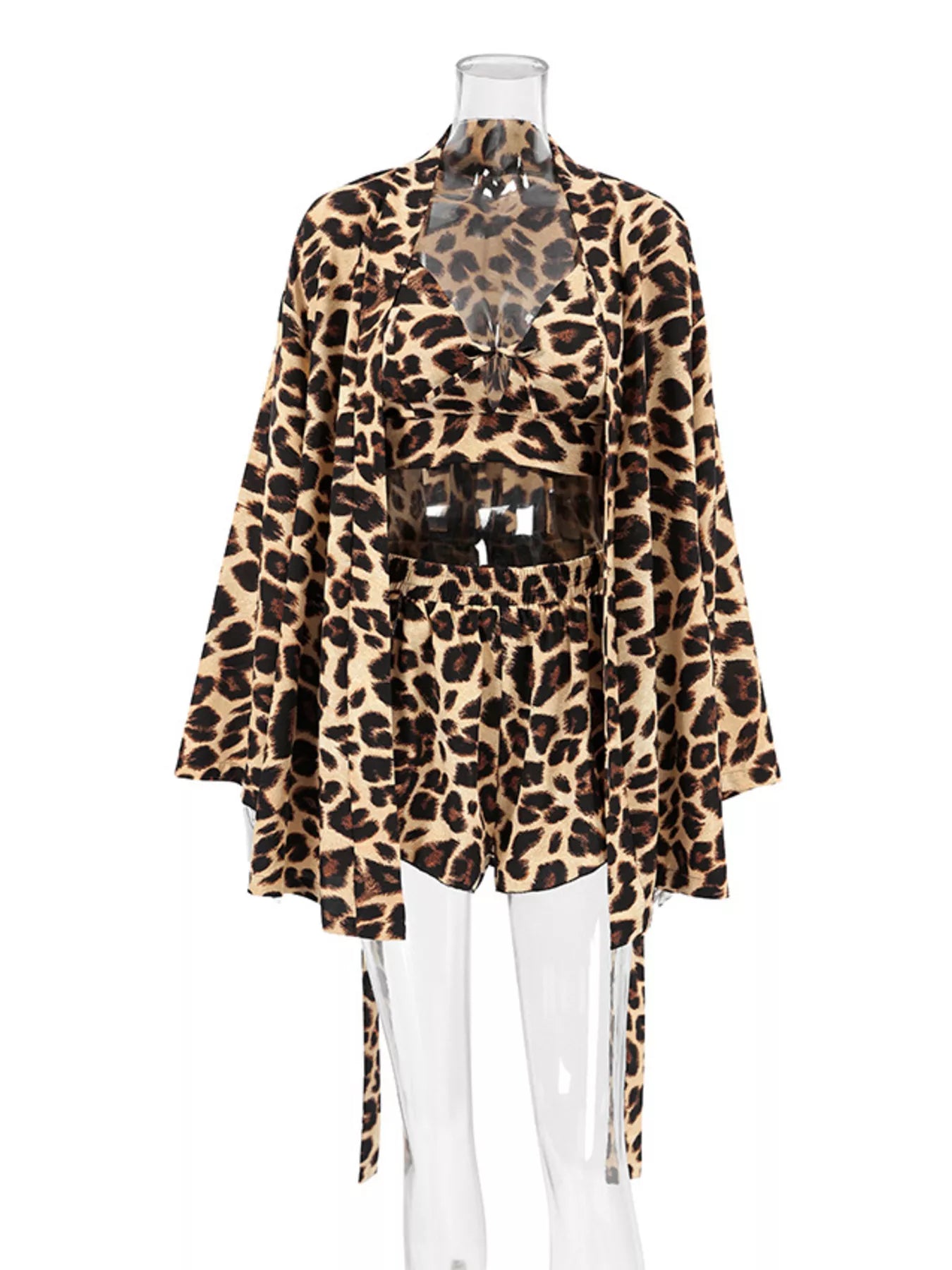 Trendsi Leopard Cami & Cardigan and Shorts Three-Piece Lounge Set -