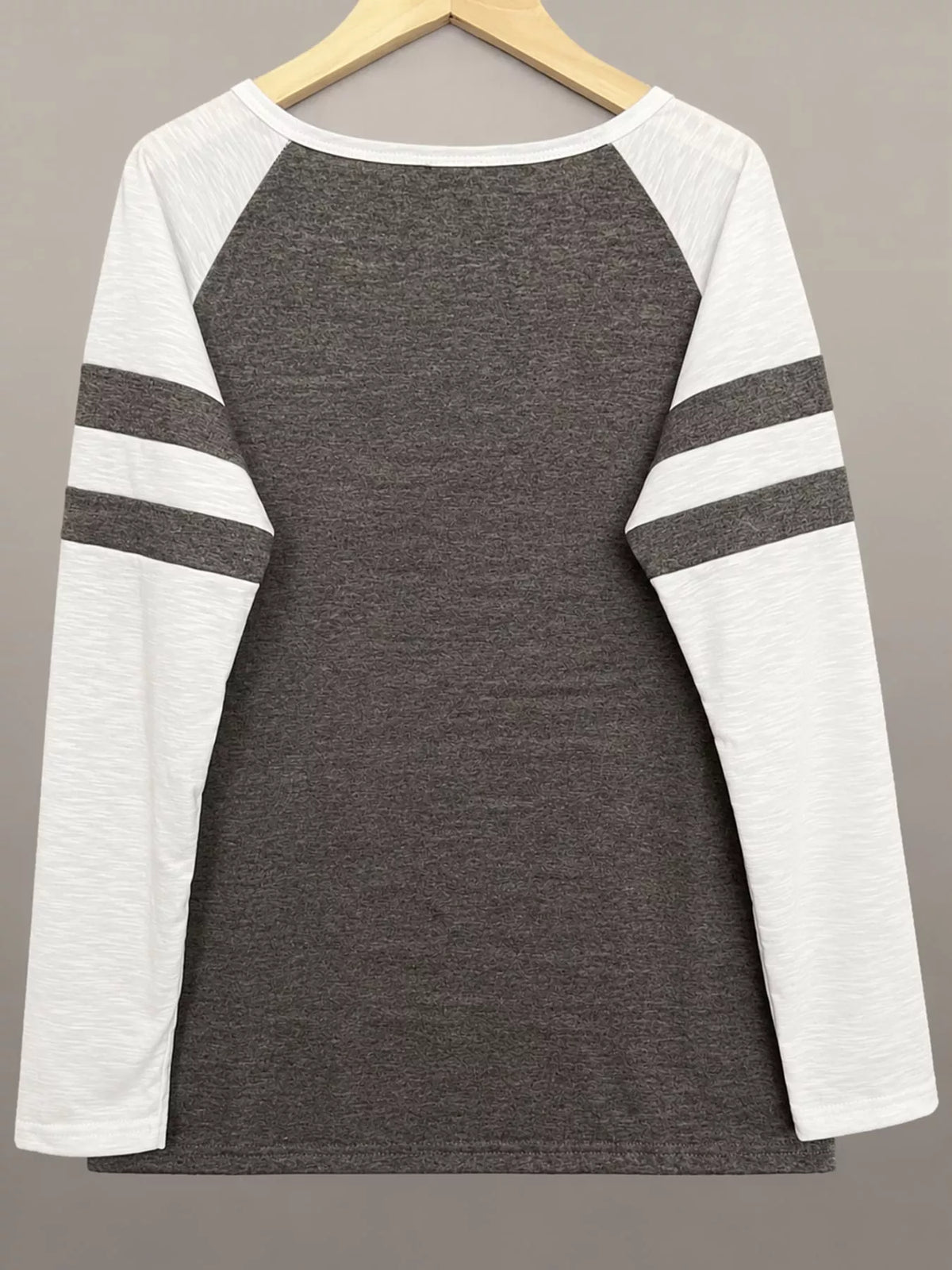 Gray color-block raglan sleeve striped t-shirt, back view