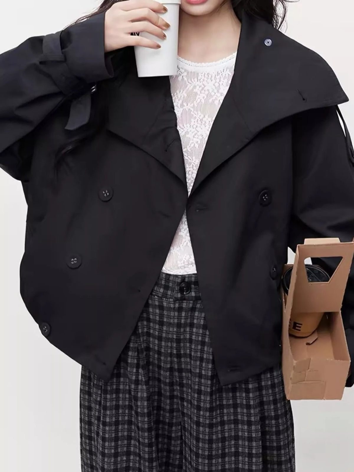 Lapel Double-Breasted Trench Jacket in black-2797