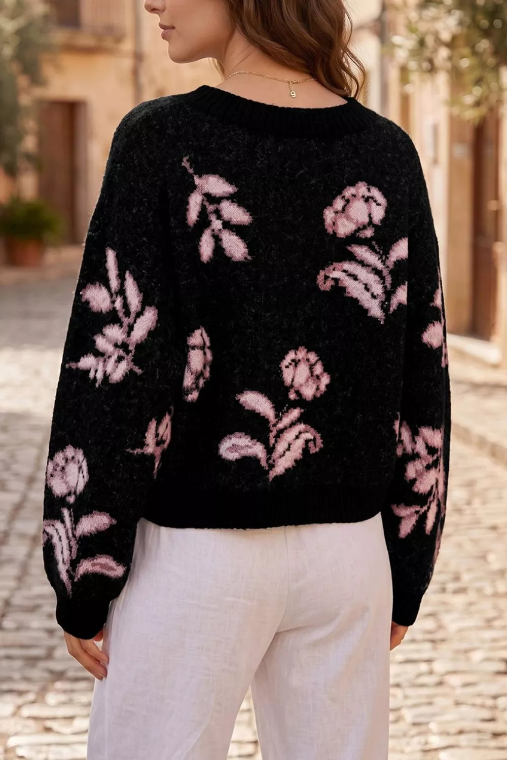 Trendsi Floral Pattern Puff Sleeve Dropped Shoulder Pullover Sweater -