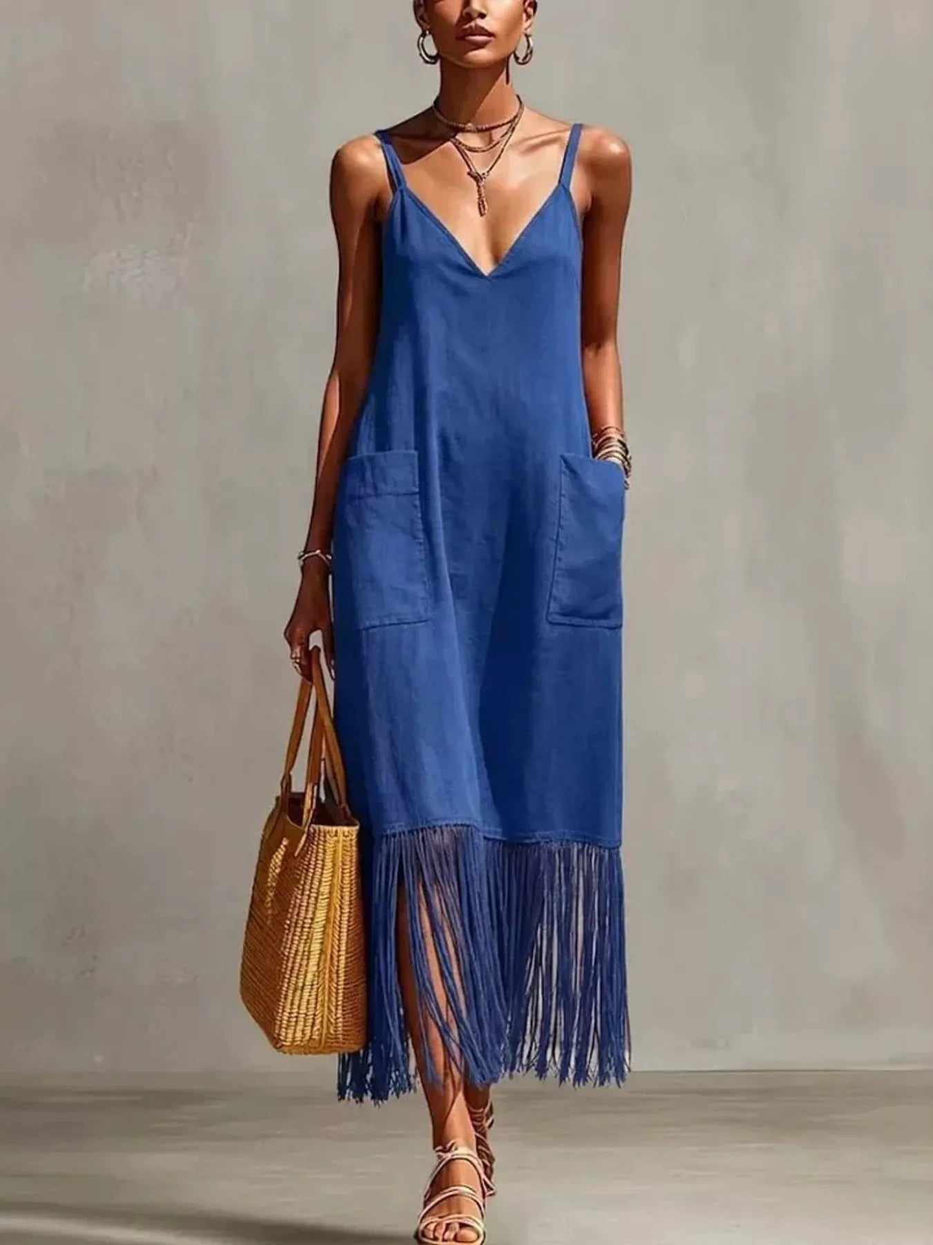 Trendsi Full Size Fringe Spaghetti Strap V-Neck Dress Plus Size -