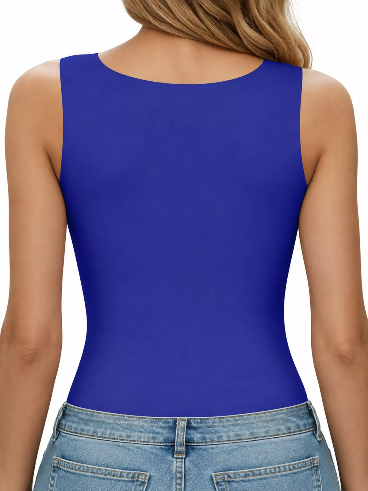 Royal blue square-neck tank, back view