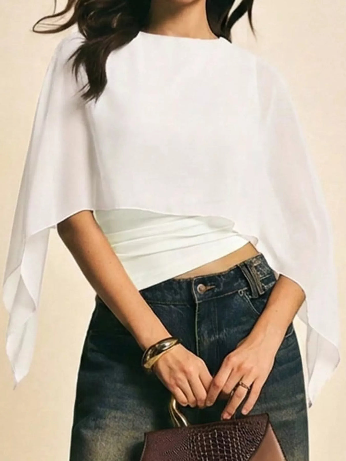 White cape sleeve round neck blouse