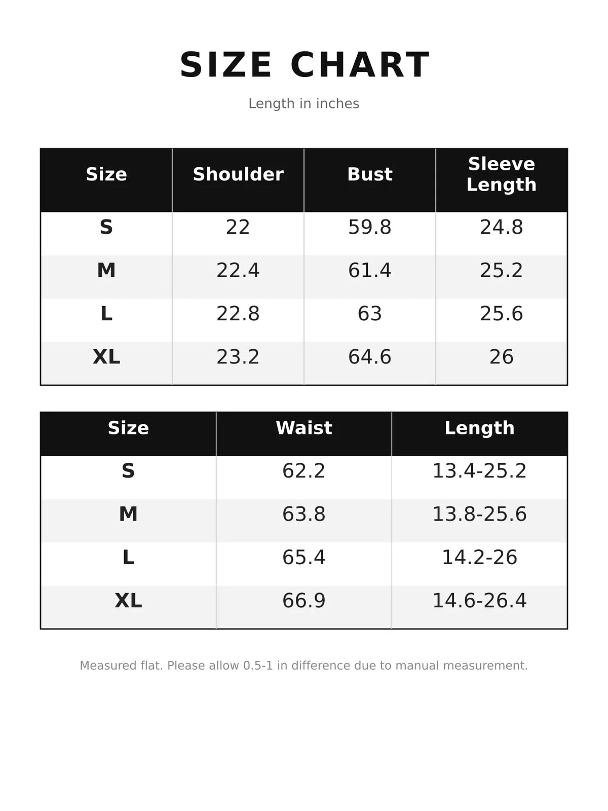 Size chart for ruffled turtleneck long sleeve blouse