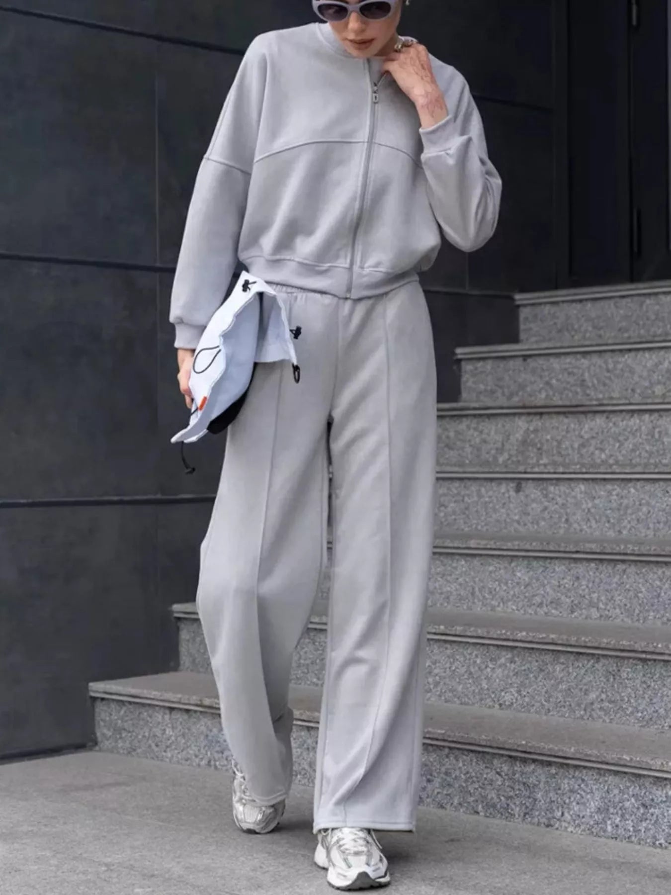 Trendsi Zip Up Sweatshirt and Wide-Leg Pants Set -