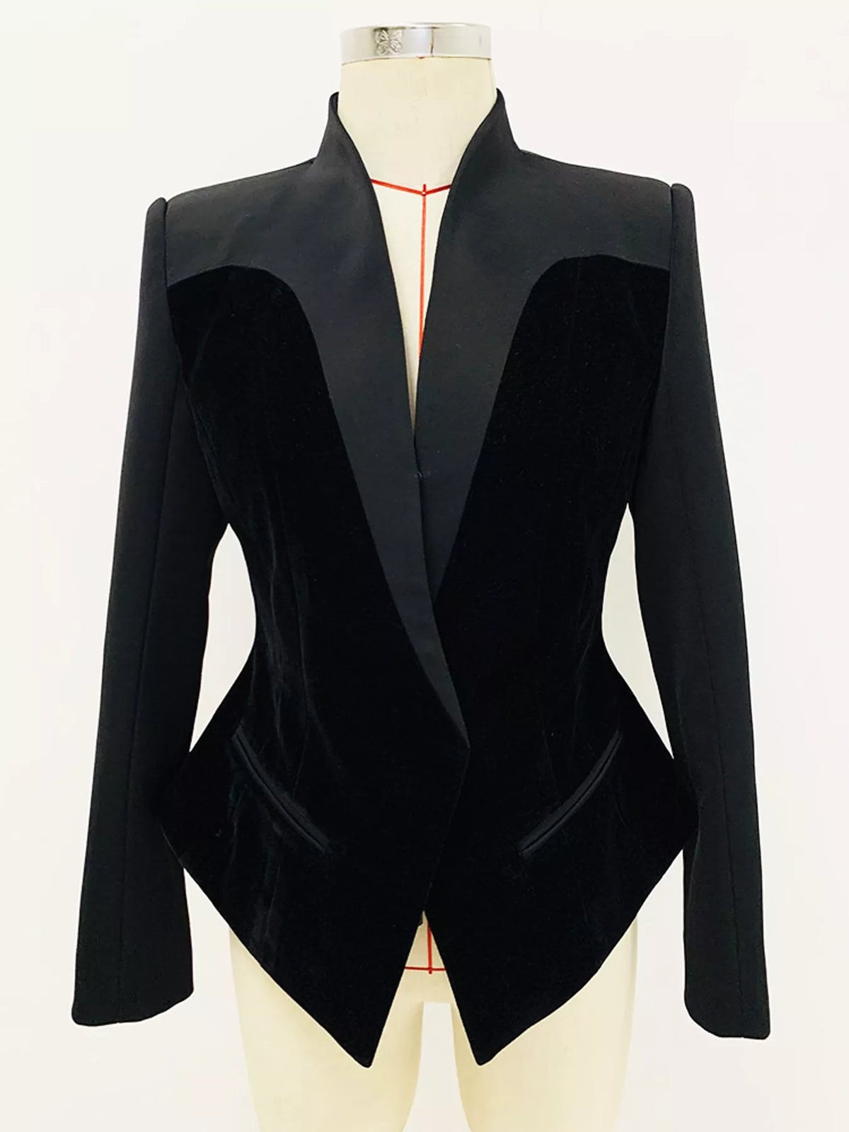 Black velvet-paneled blazer with stand-up collar