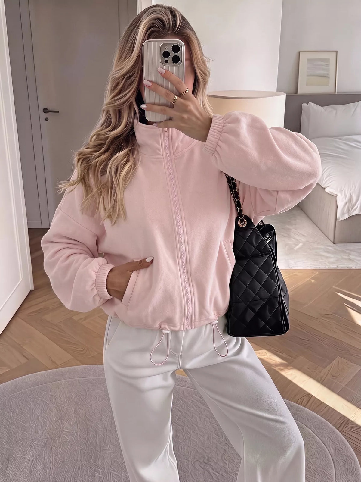 Zip-Up Drawstring Hem Sweatshirt — front view
