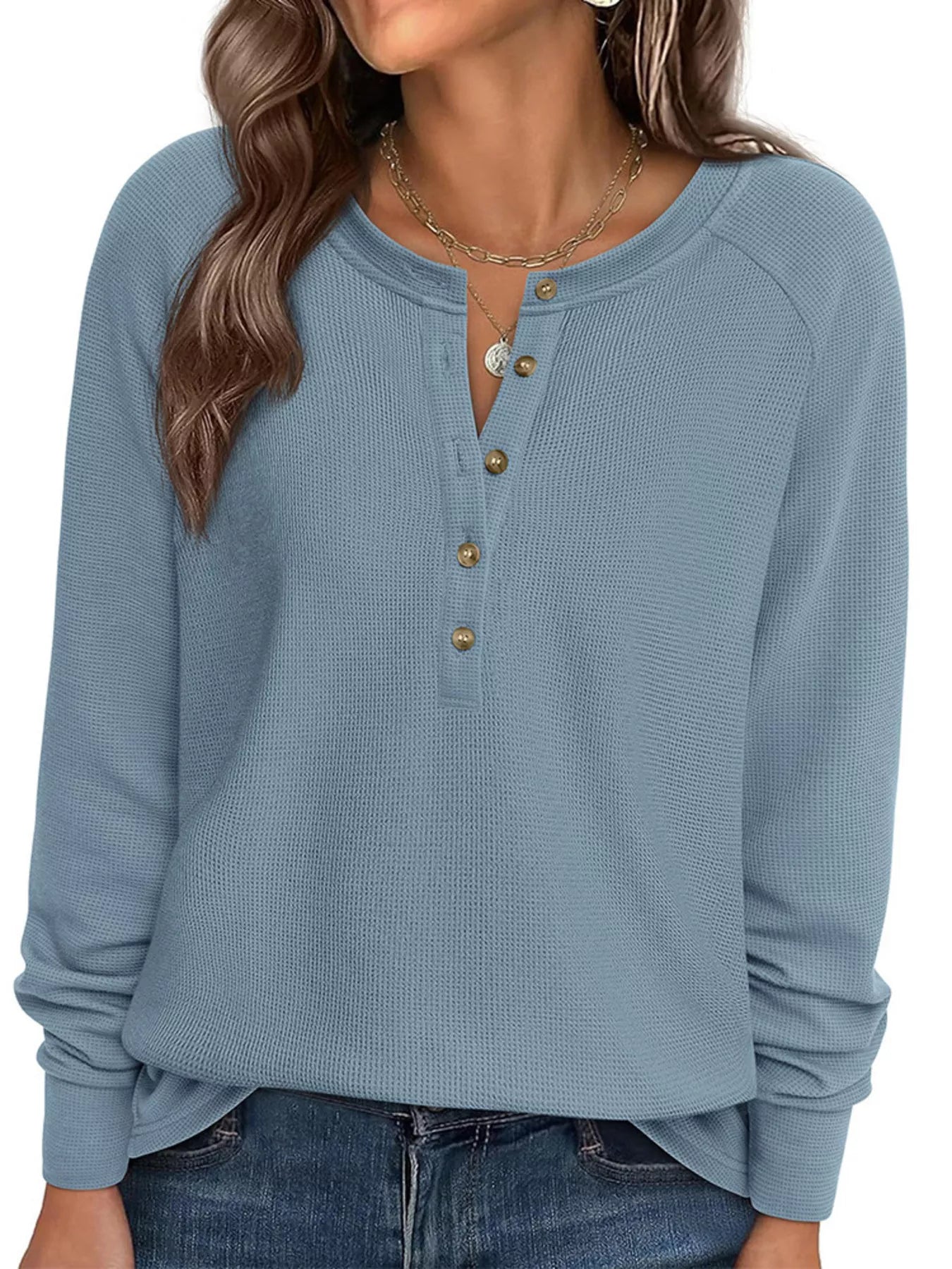 Trendsi Waffle Knit Henley Long Sleeve T-Shirt -