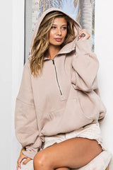 Trendsi BiBi Stitch Detailed Elastic Hem Half Zip Fleece Hoodie -