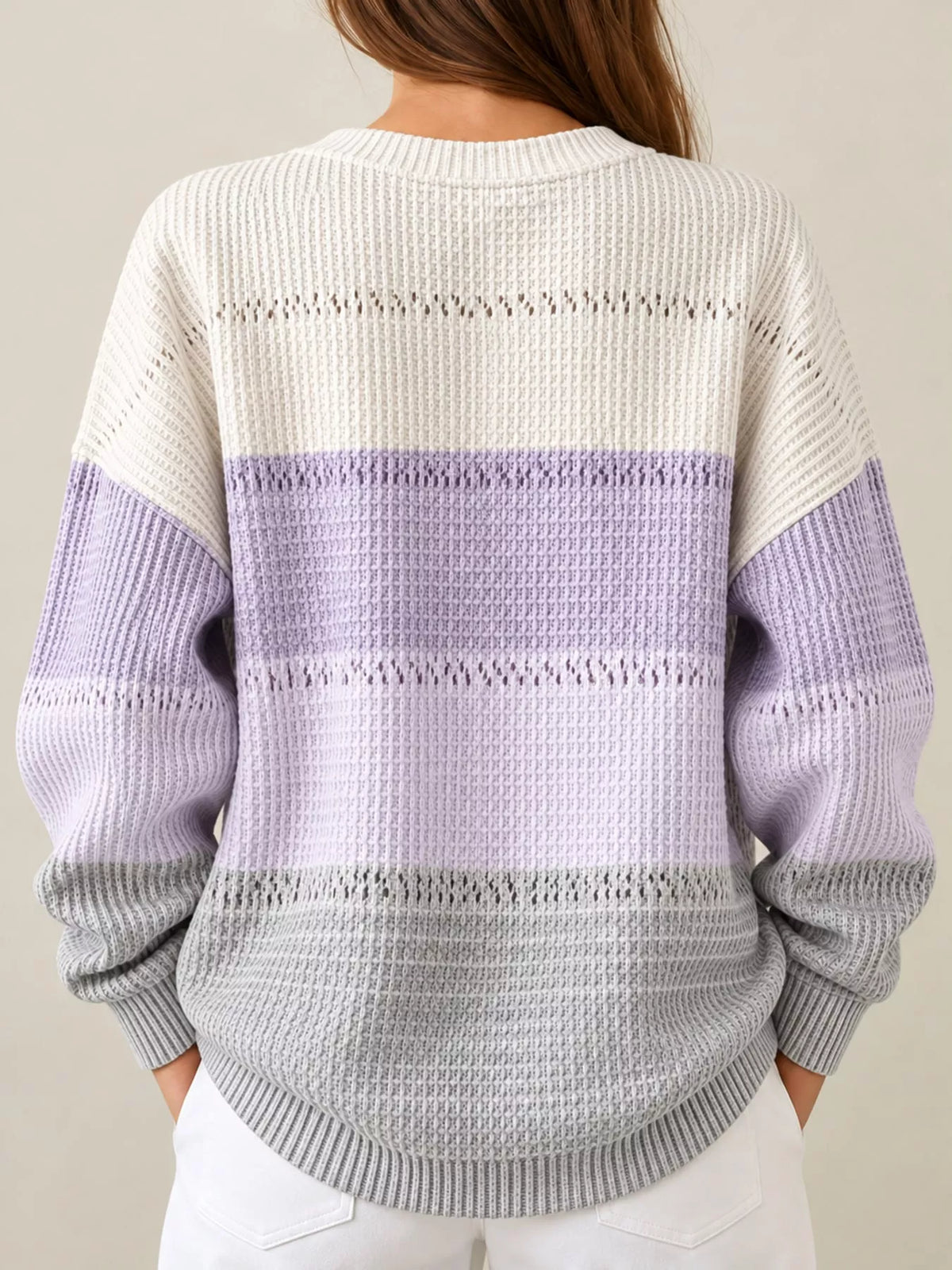 White, purple and gray color block button neck knit sweater, back view