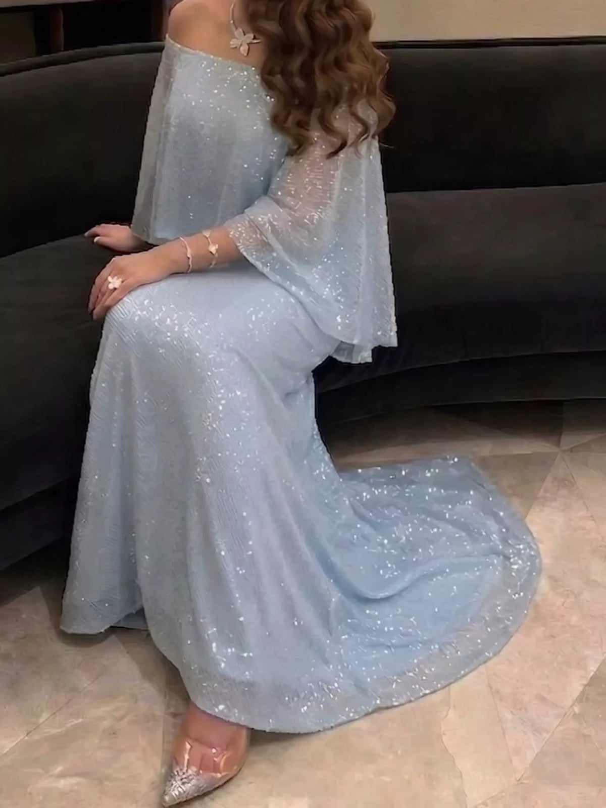 Sequin Off-Shoulder Cape Evening Maxi Dress — back view