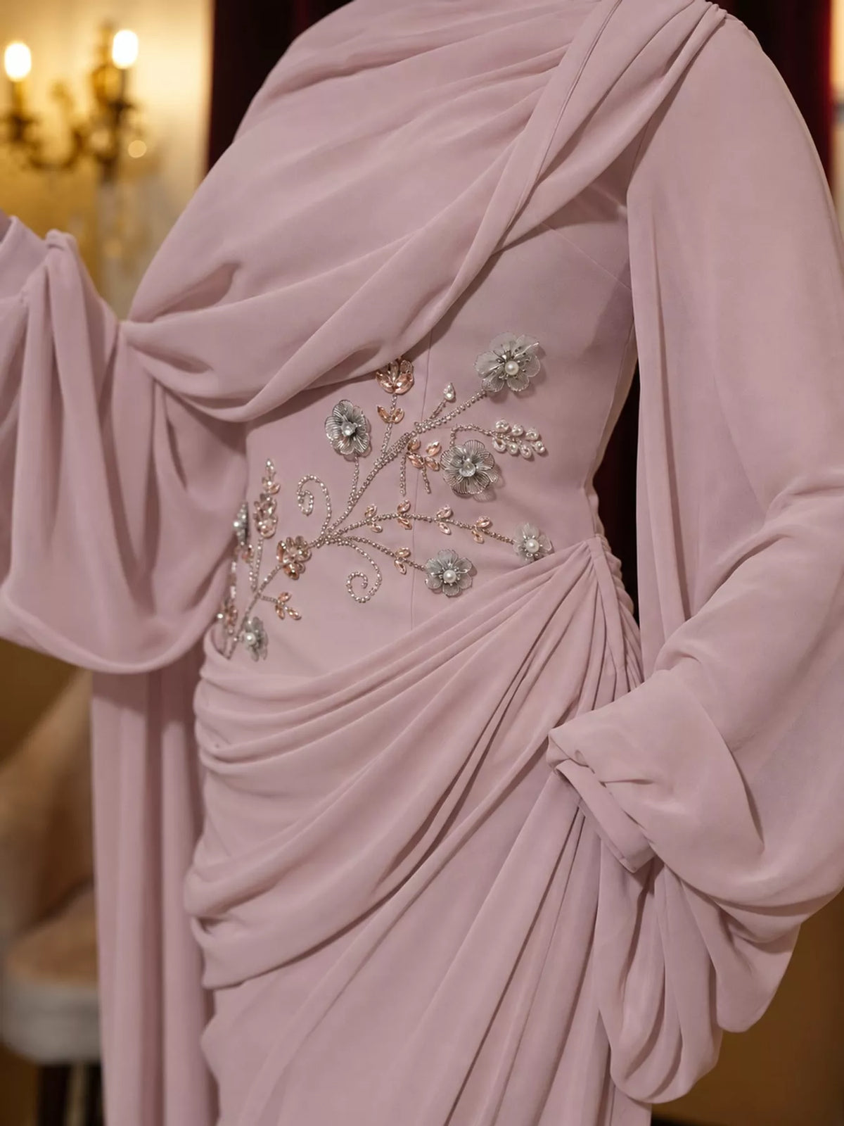 Pink floral detail long sleeve maxi dress, detail view