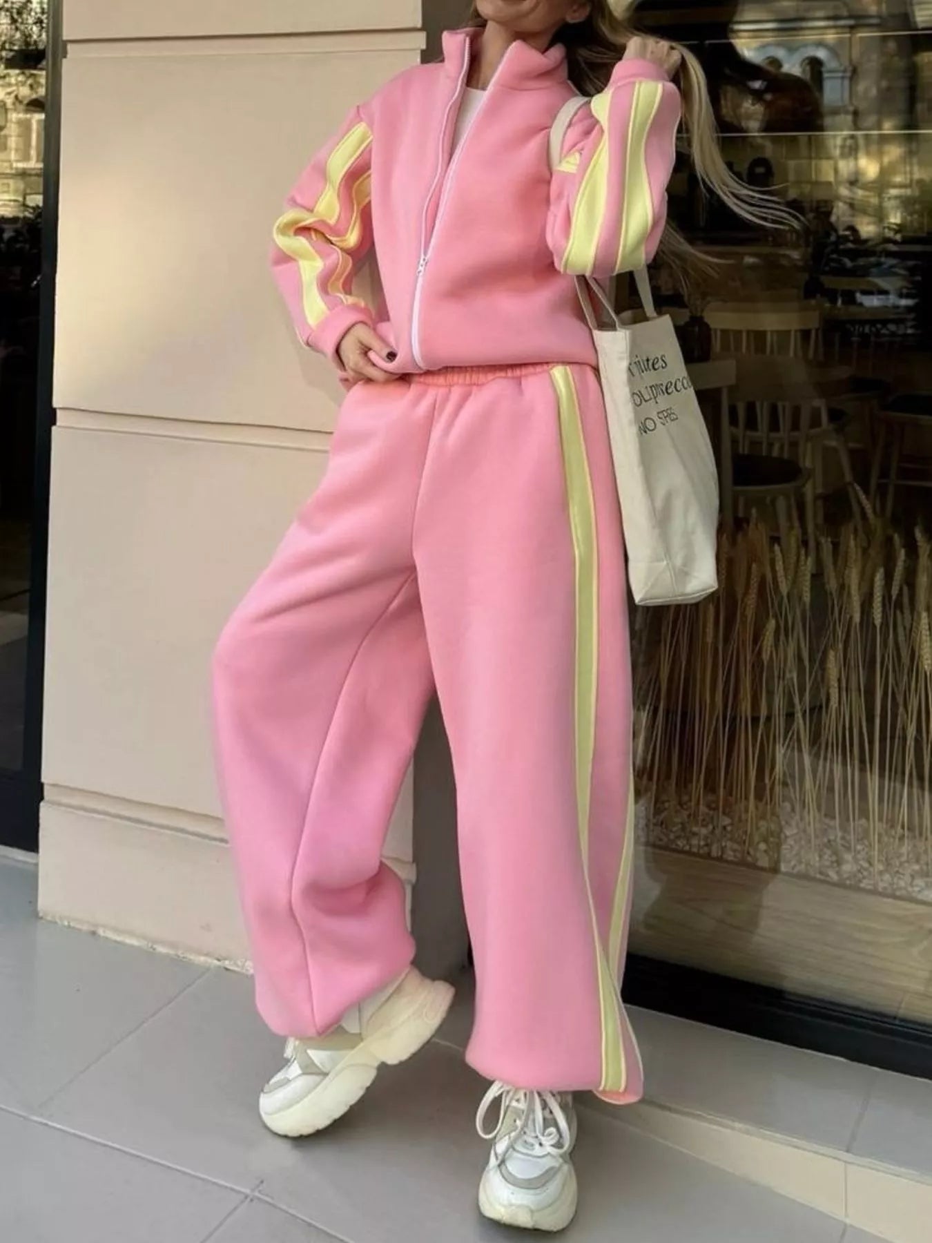 Trendsi Contrast Striped Zip Up Top and Pants Set -