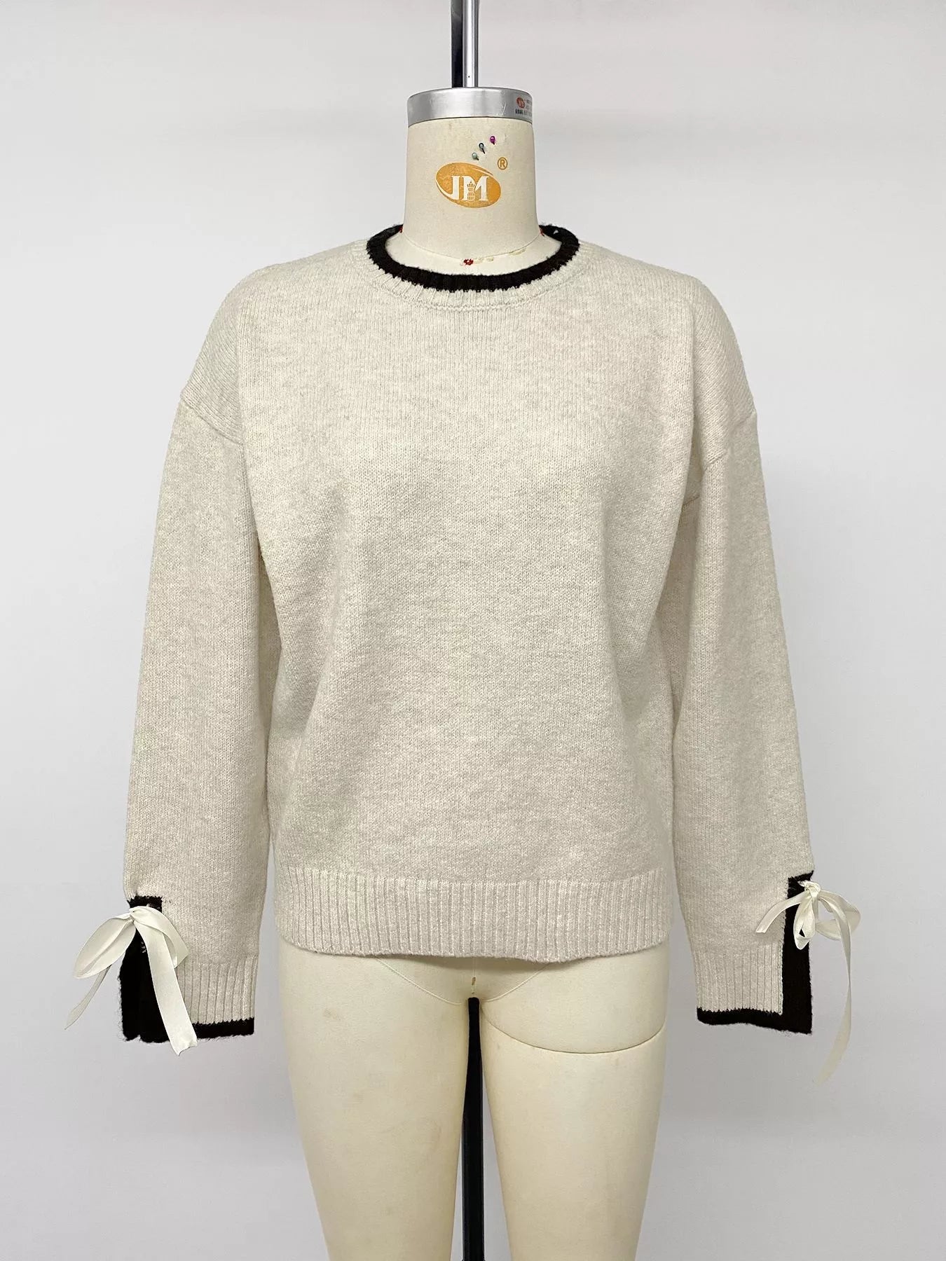 Trendsi Contrast Trim Ribbed Cuff Tie-Sleeve Sweater -