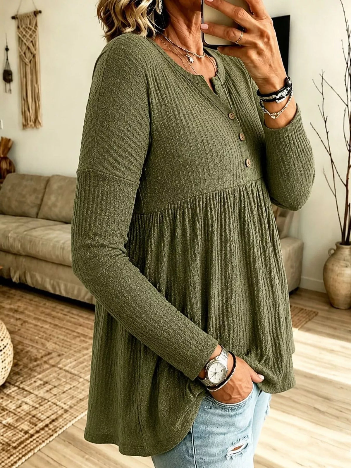 Button Detail Knitted Top in green, front view