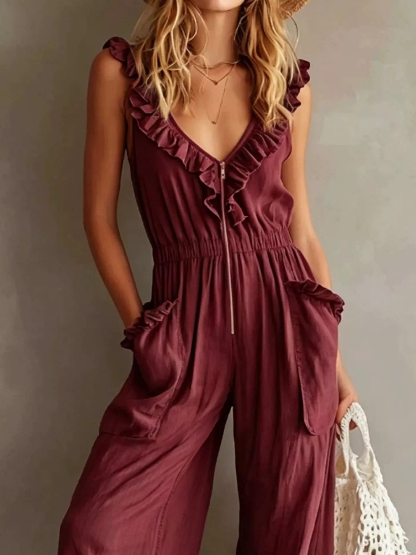 Trendsi Ruffled V-Neck Wide Leg Jumpsuit -