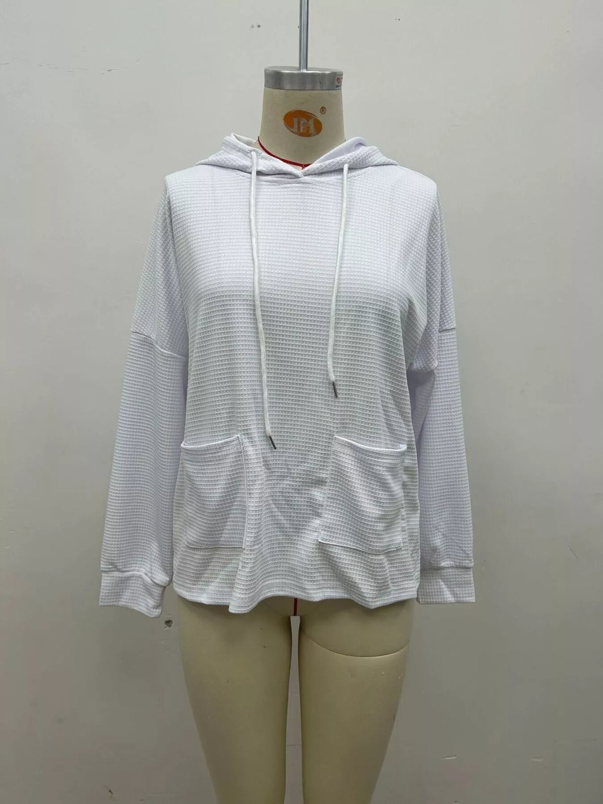 Women's Waffle Knit Drawstring Long Sleeve Hoodie in White, alternate view