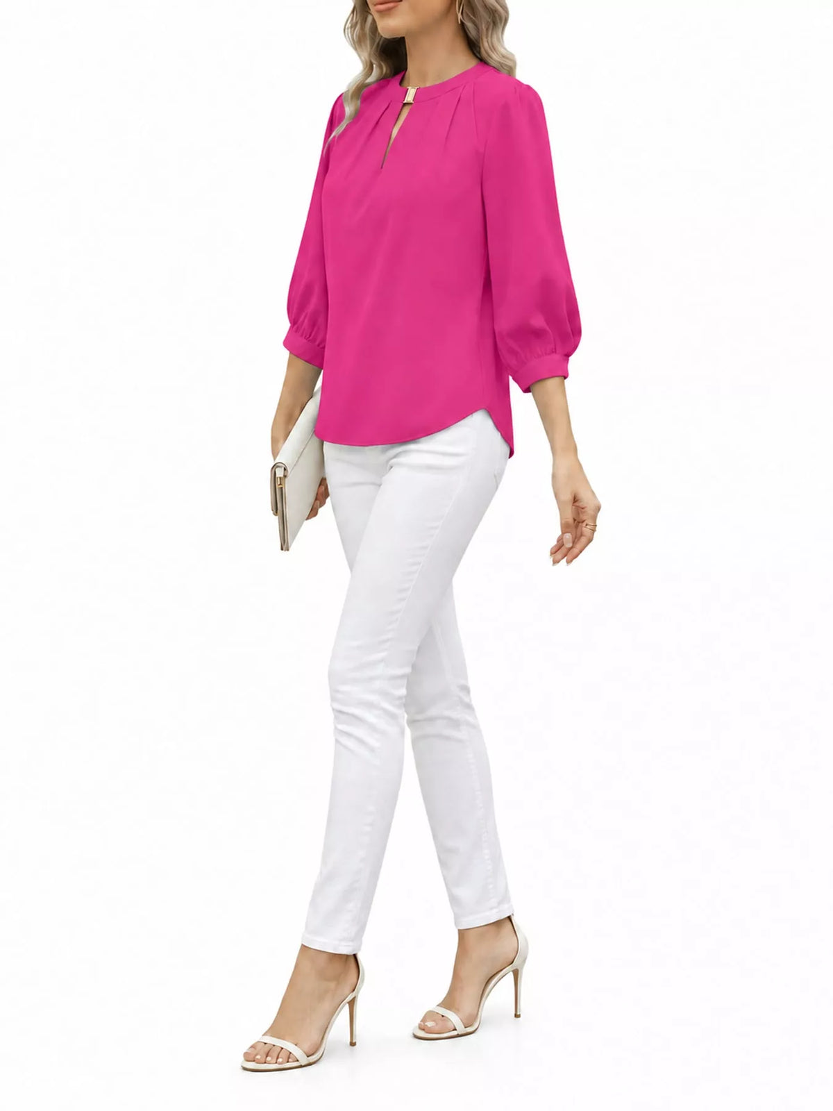 V-Neck Metal Buckle Detail Blouse in pink