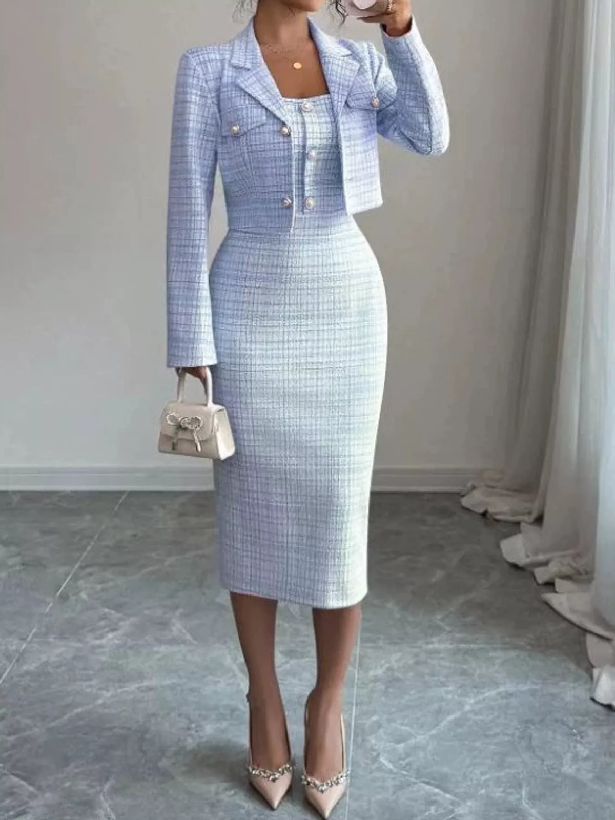 Tweed dress and cardigan set, blue front