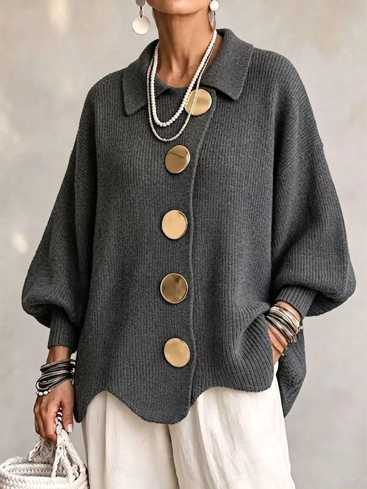 Trendsi Full Size Gold Buttons Lantern Sleeve Cardigan Plus Size -