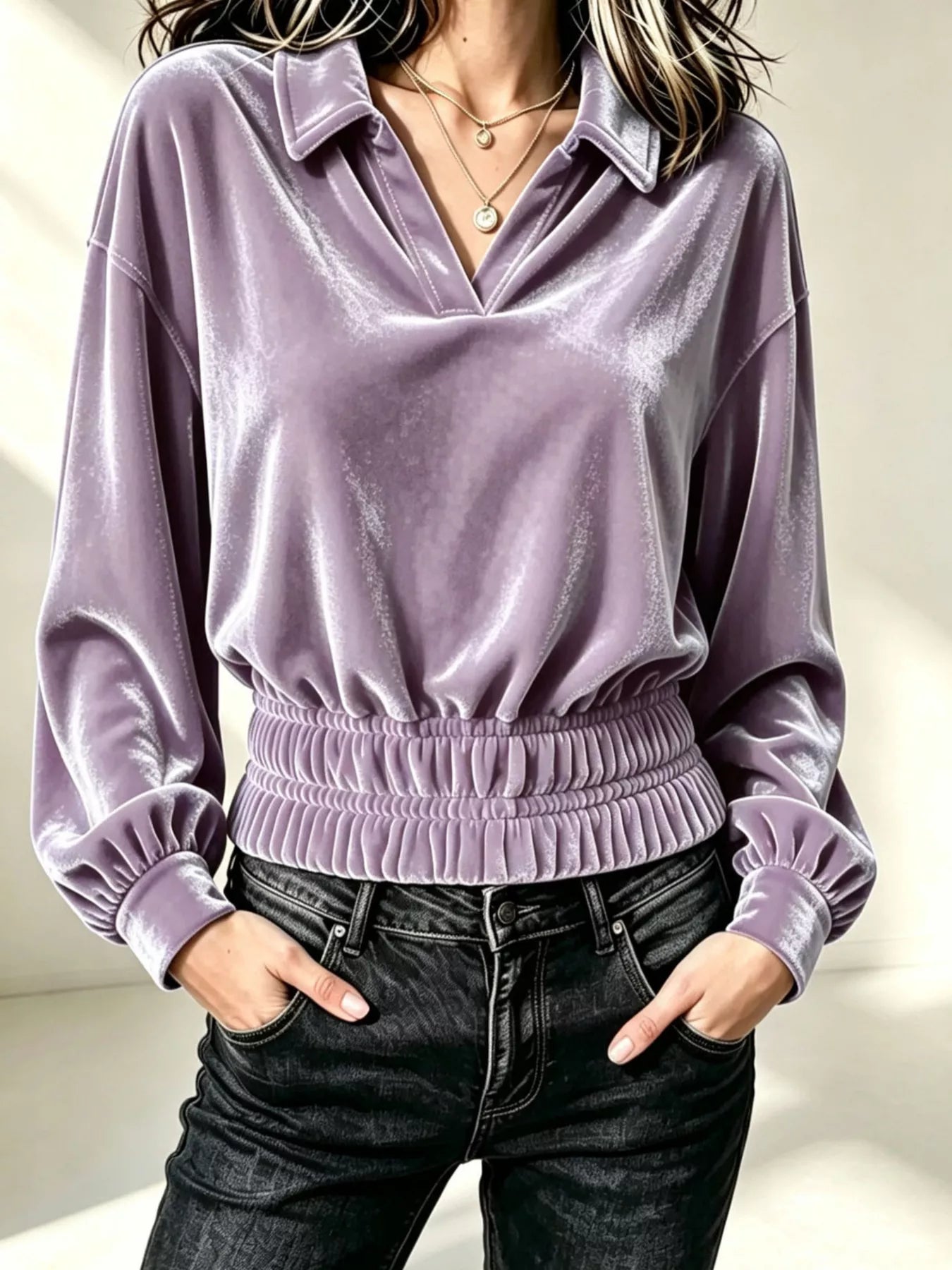 Trendsi Velvet Johnny Collar Long Sleeve Blouse -