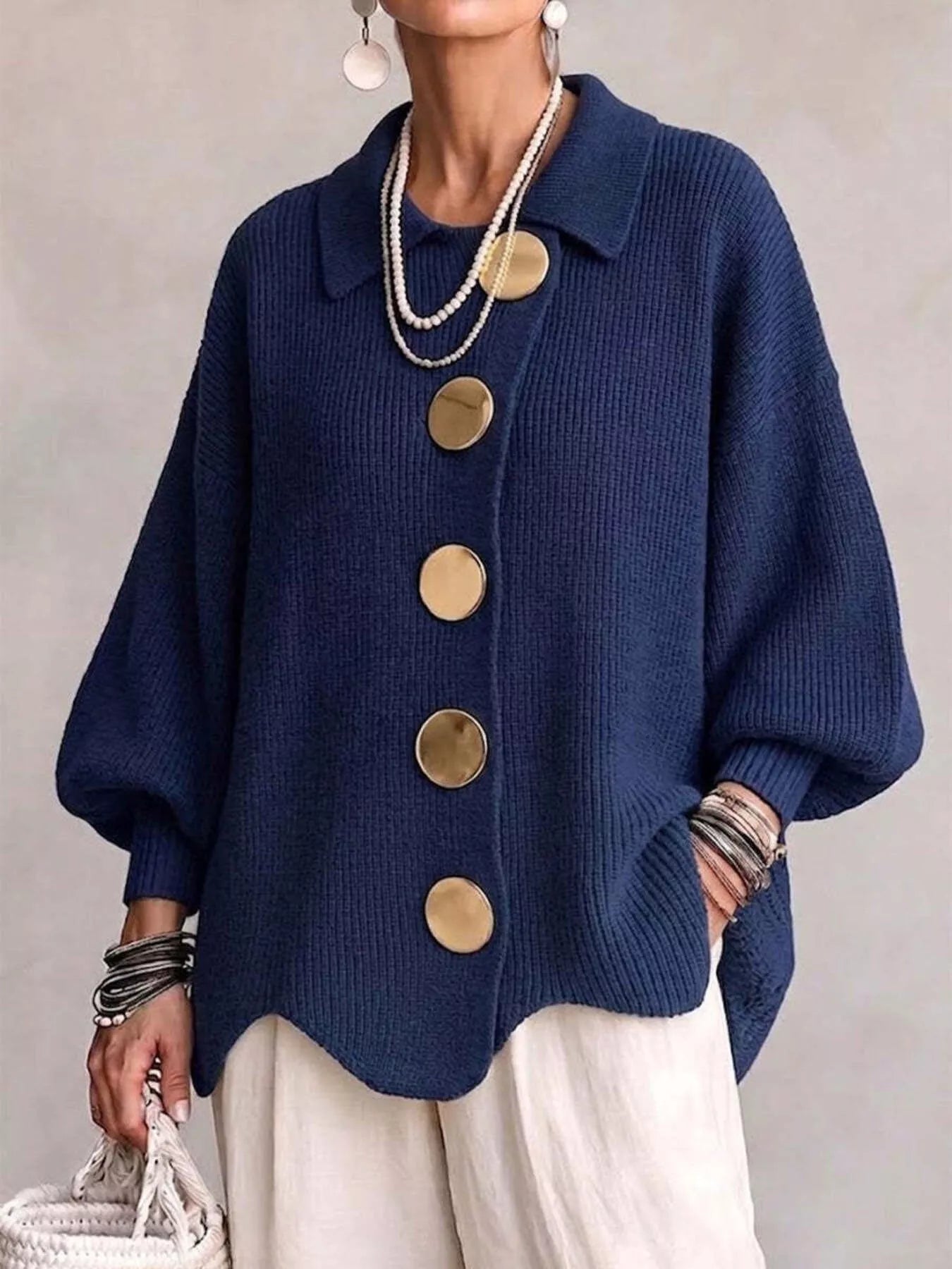 Trendsi Full Size Gold Buttons Lantern Sleeve Cardigan Plus Size -